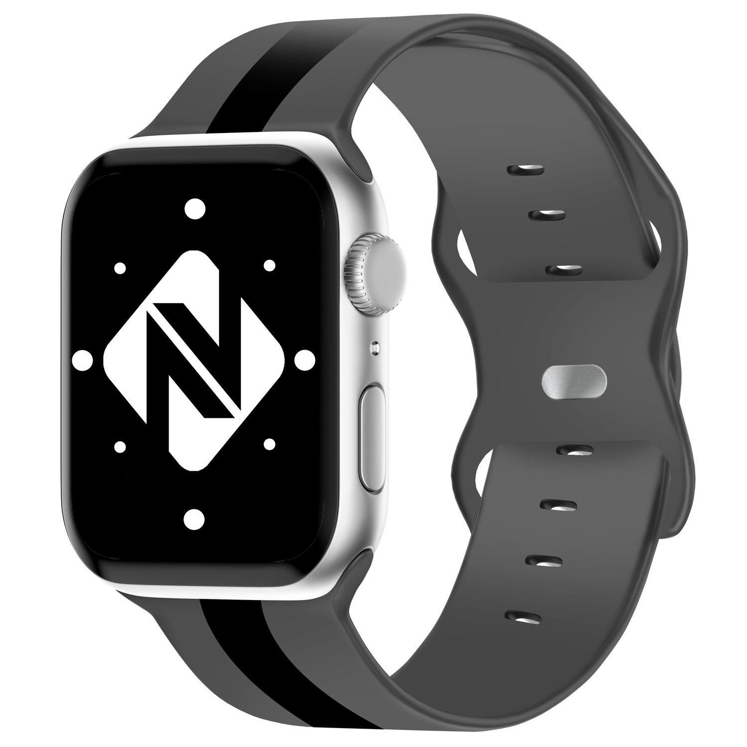 Silberne Smartwatch mit schwarzem Armband und zwei schwarzen Streifen, zeigt Logo. Auf weißem Grund.