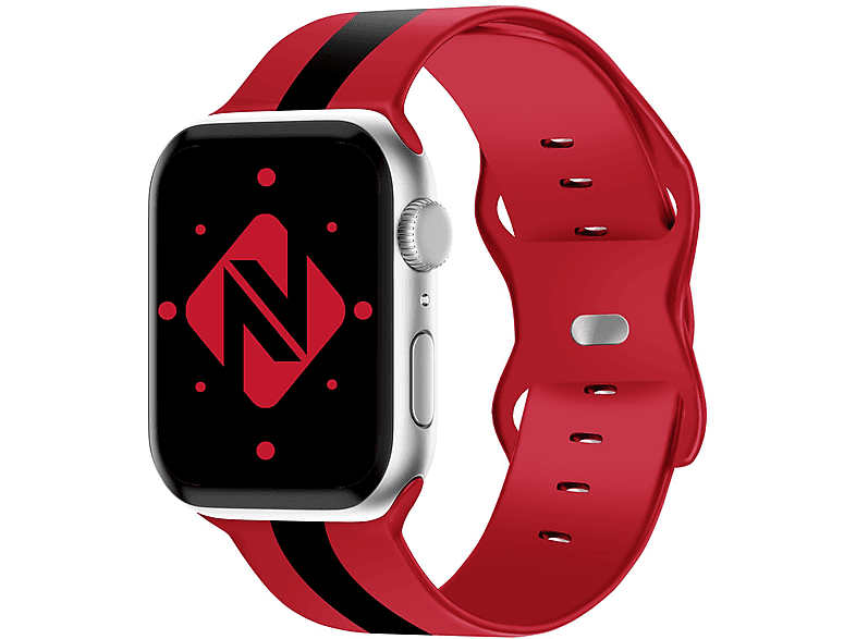 NALIA Gestreiftes Smartwatch Silikon Armband, Ersatzarmband, Apple, Apple Watch 42mm/44mm/45mm/49mm, Rot Schwarz