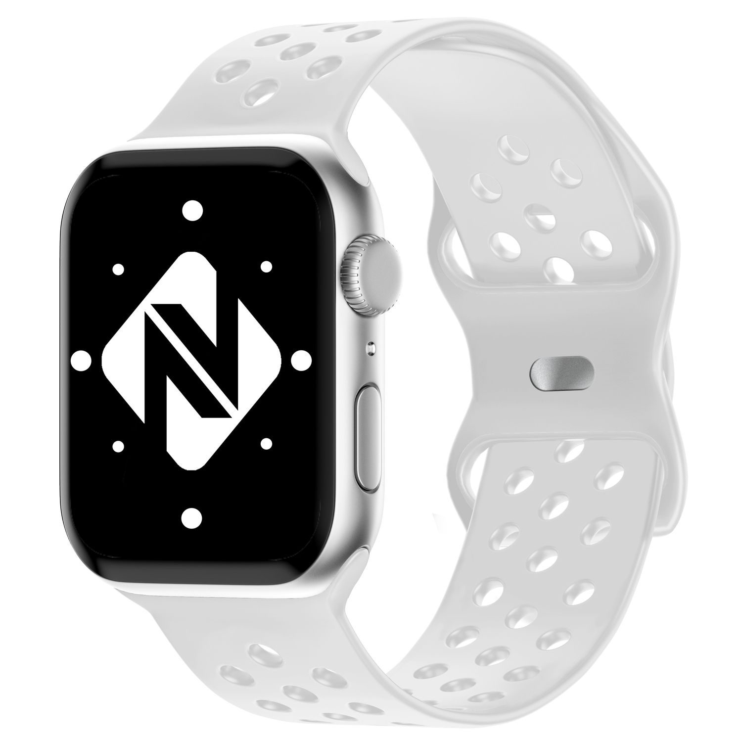 Silberne Smartwatch mit weißem Armband, zeigt ein Logo auf dem Bildschirm.