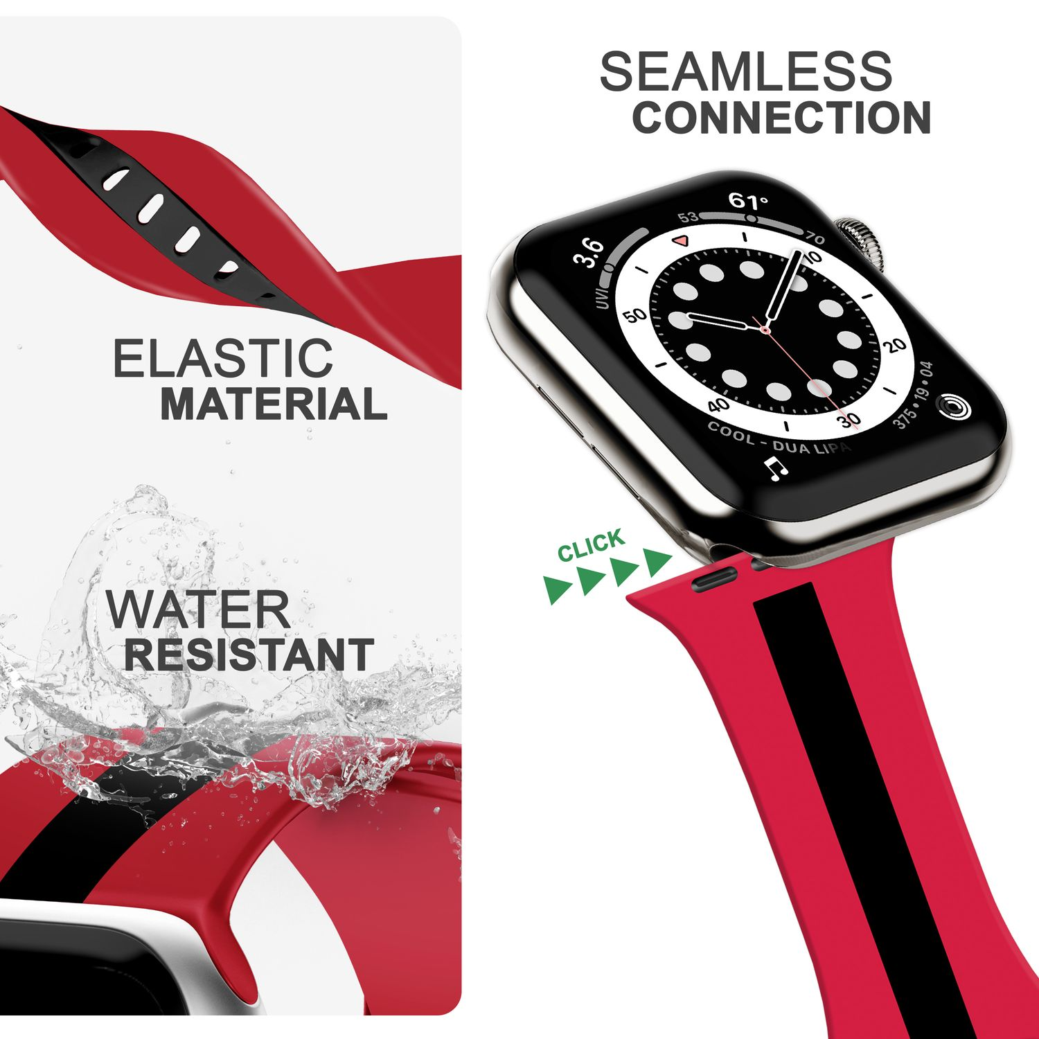 NALIA Gestreiftes Smartwatch Rot Apple, Watch Ersatzarmband, 42mm/44mm/45mm/49mm, Silikon Apple Armband, Schwarz