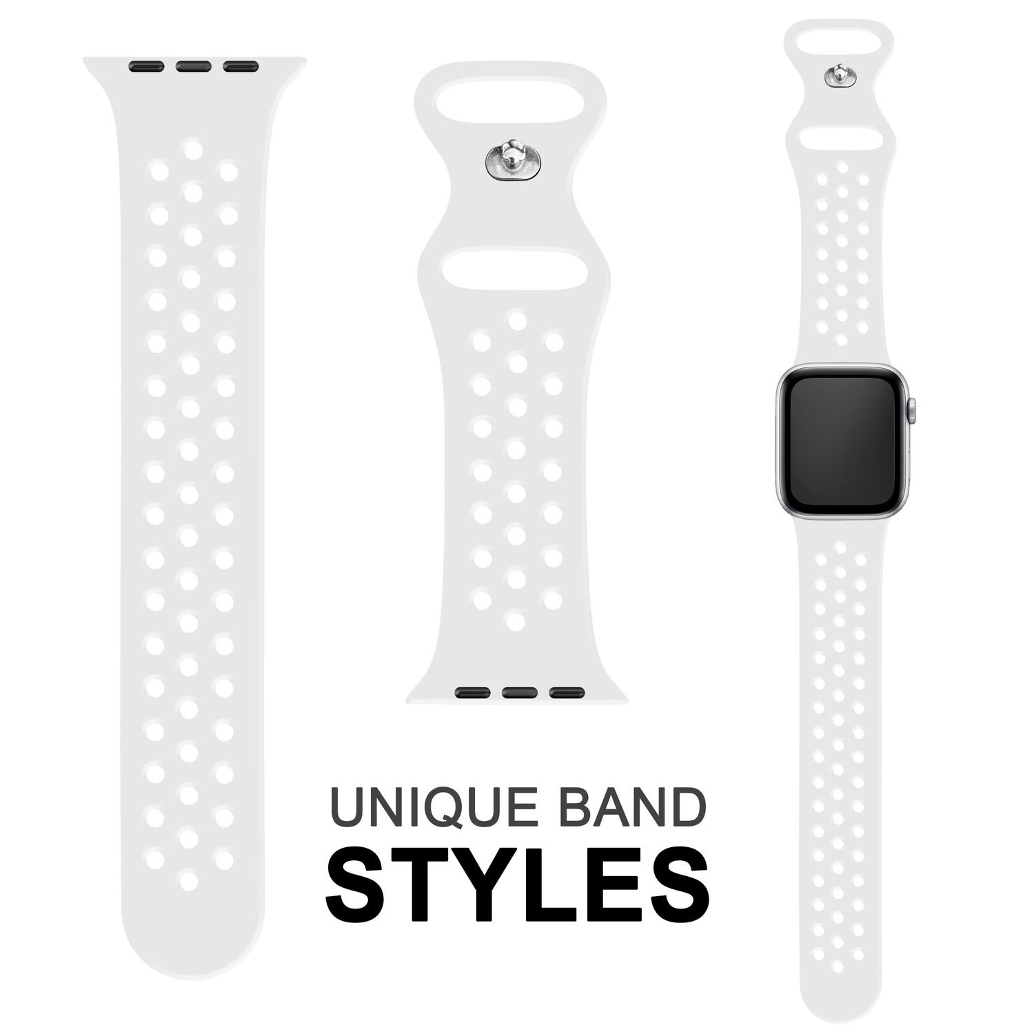 Drei weiße Uhrenarmbänder in verschiedenen Stilen. Das Band rechts ist an einer Uhr befestigt.