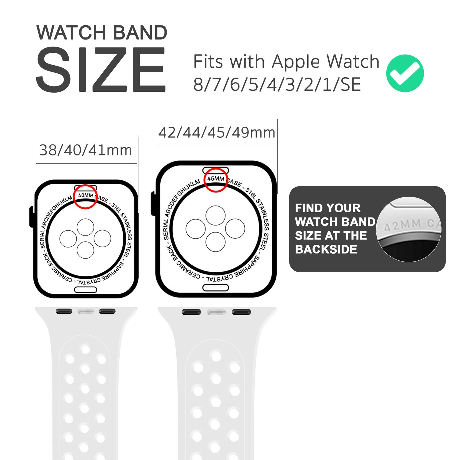 Diagramm der Apple Watch Größen. Zeigt Zifferblätter und Armbandgrößen.