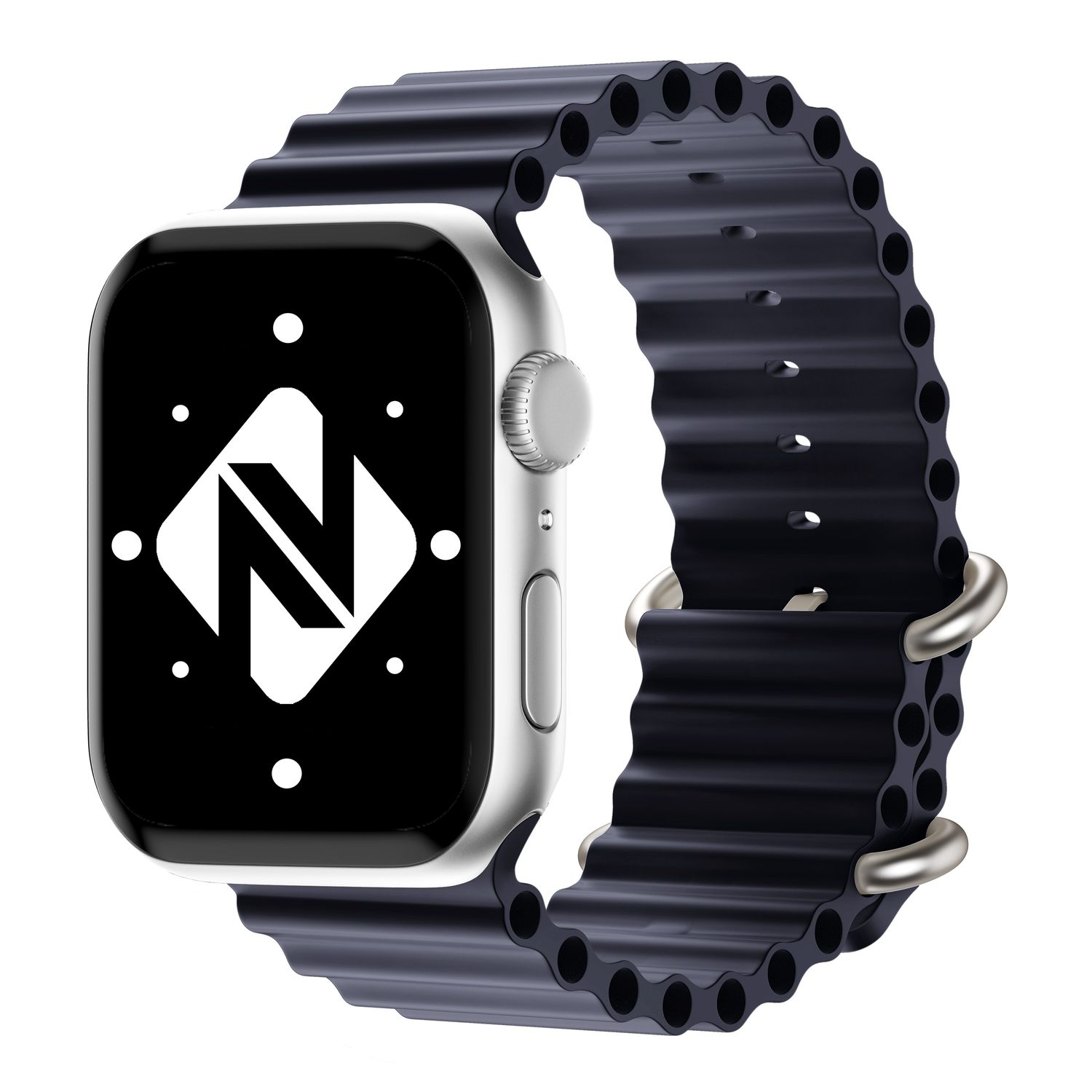 Silberne Smartwatch mit schwarzem, gewelltem Armband, schwarzem Bildschirm und weißem Logo.