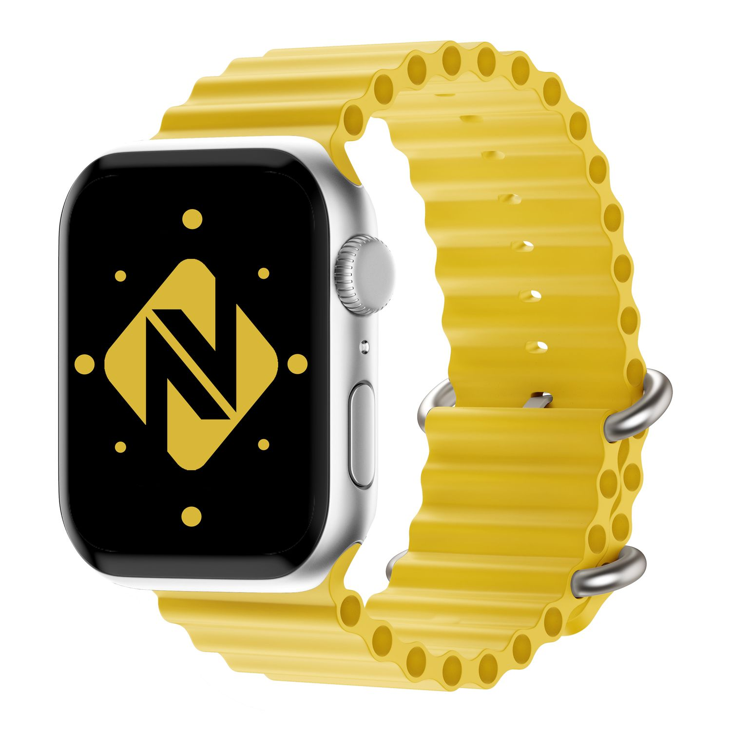 Apple Watch mit gelbem gewelltem Band und schwarzem Bildschirm mit gelbem Logo.