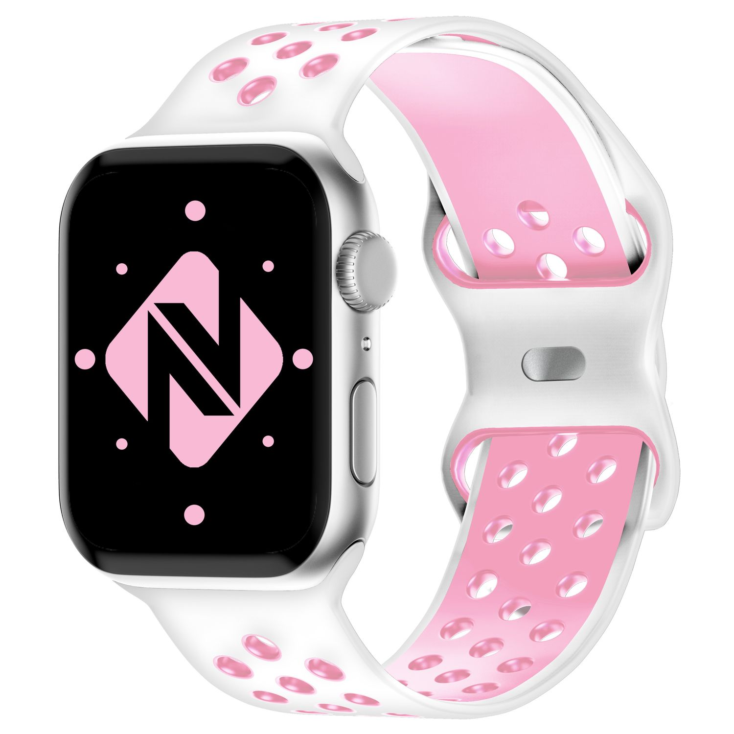 Apple Watch mit weißem und pinkfarbenem Band und schwarzem Bildschirm mit pinkfarbenem Logo.