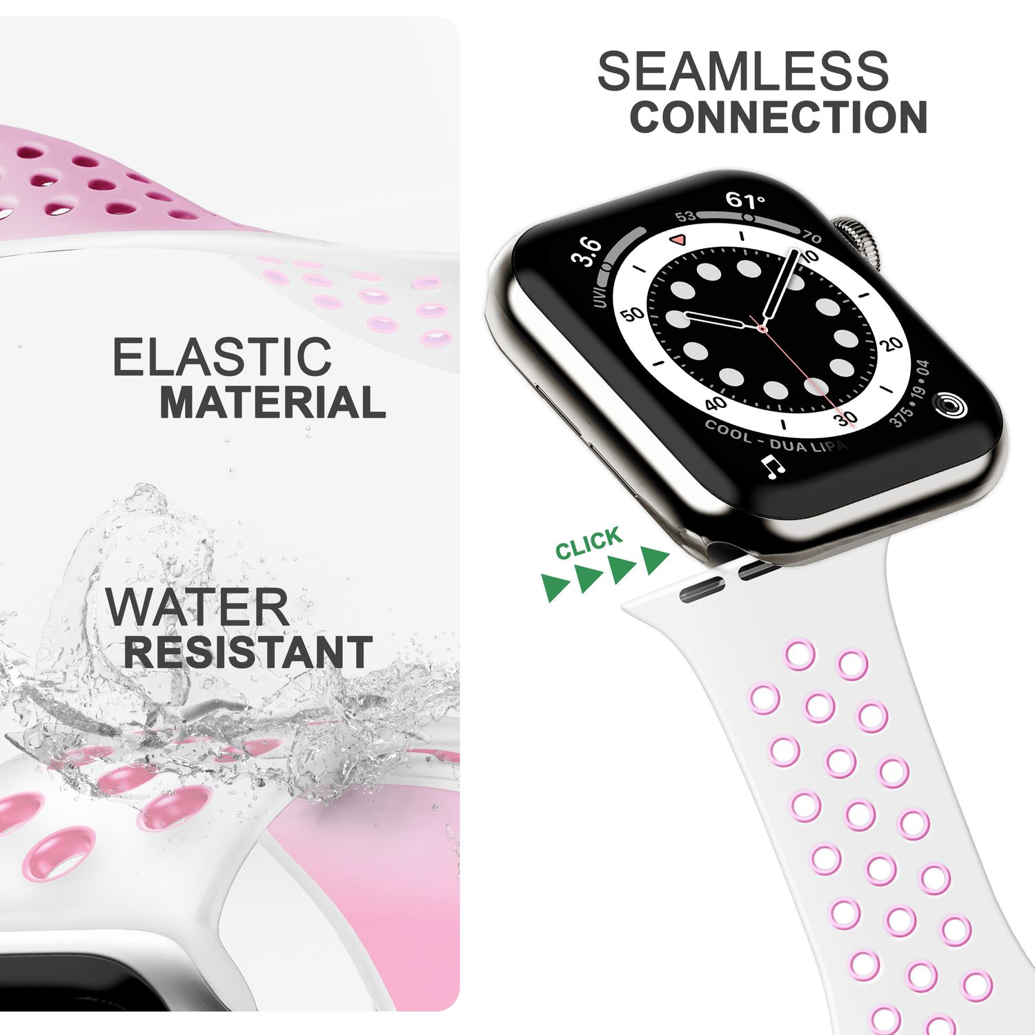 NALIA Airflow Silikon Smart-Watch Armband, Apple, Watch Pink Weiß Ersatzarmband, 38mm/40mm/41mm, Apple