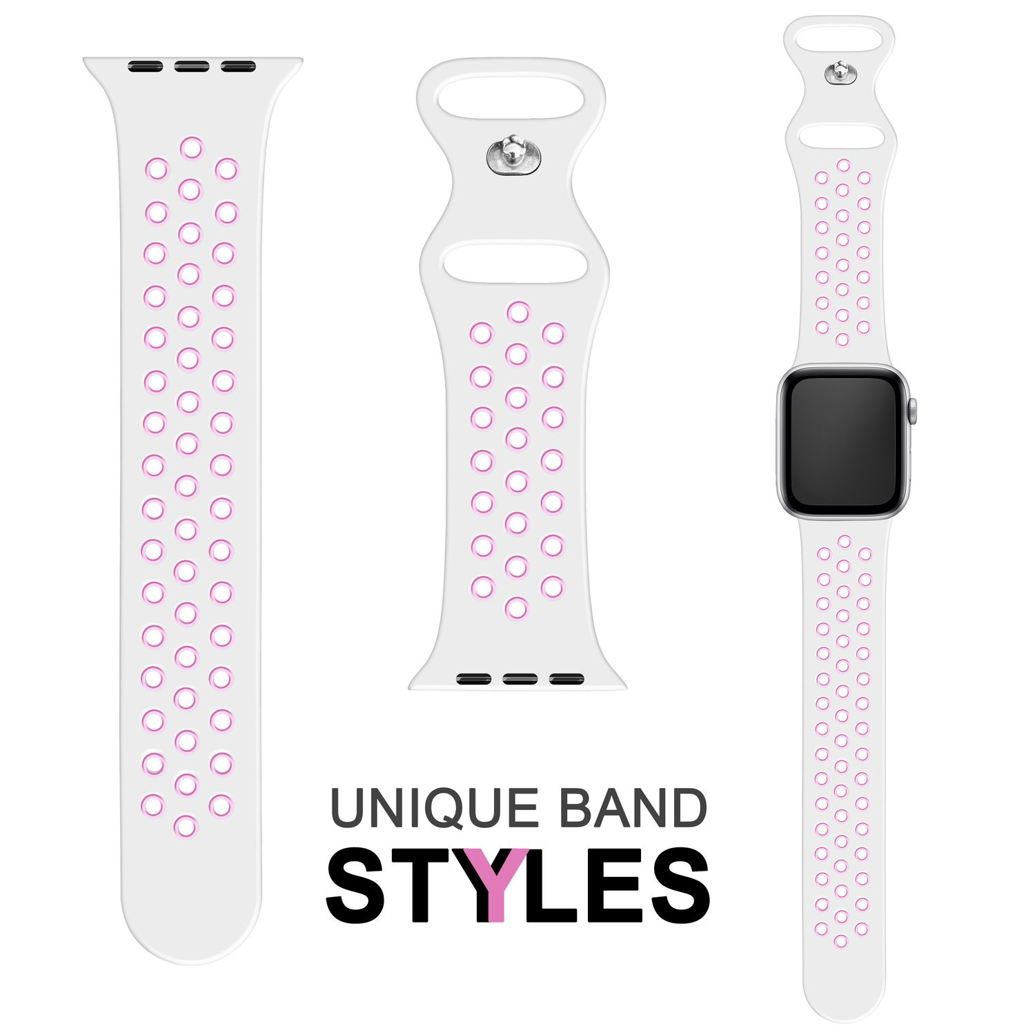 Weißes Uhrenarmband mit rosa Löchern und den Worten 'UNIQUE BAND STYLES'.