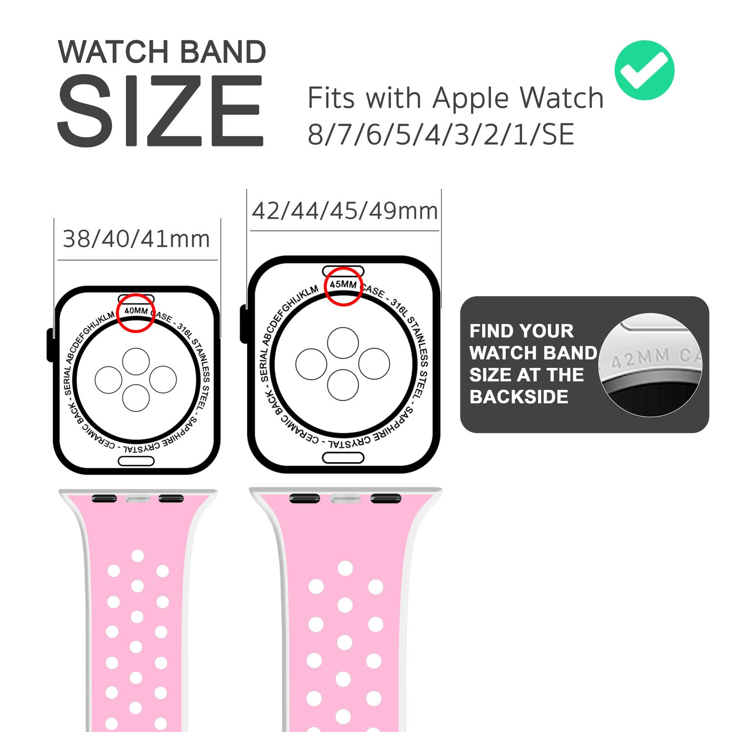Armband-Größenübersicht. Rosa- und weiße Armbänder. Text und Diagramme, weißer Hintergrund.
