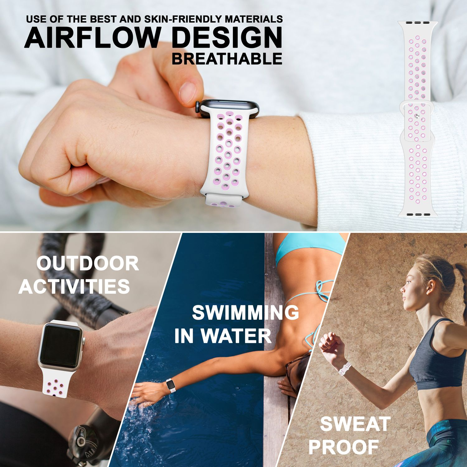 Weißes Uhrenarmband am Handgelenk, mit Bildern von Outdoor-Aktivitäten, Schwimmen und mehr.