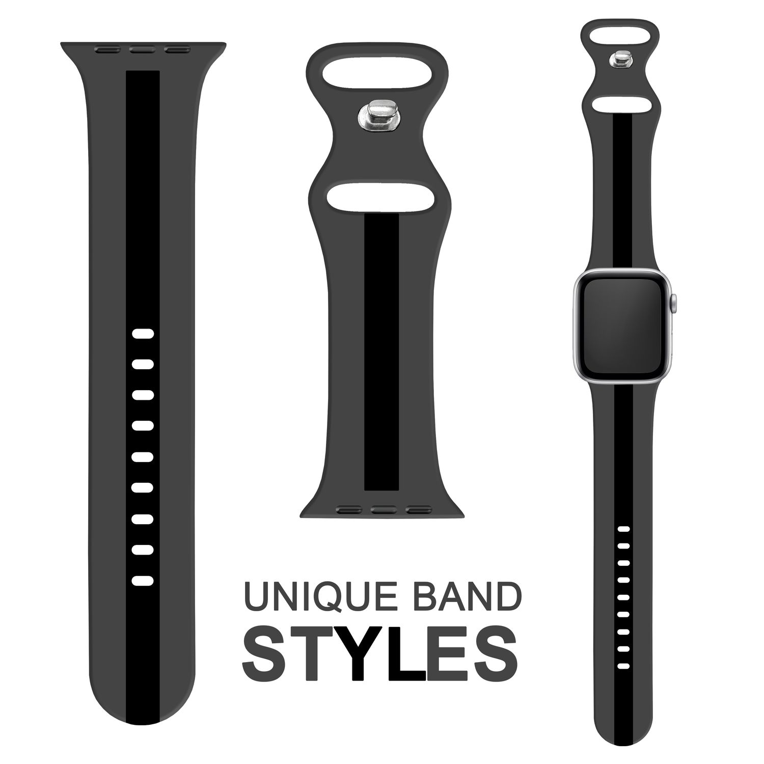 Drei schwarze Uhrenarmbänder. Eines ist komplett, eines ist der Mittelteil, das andere das andere Ende.