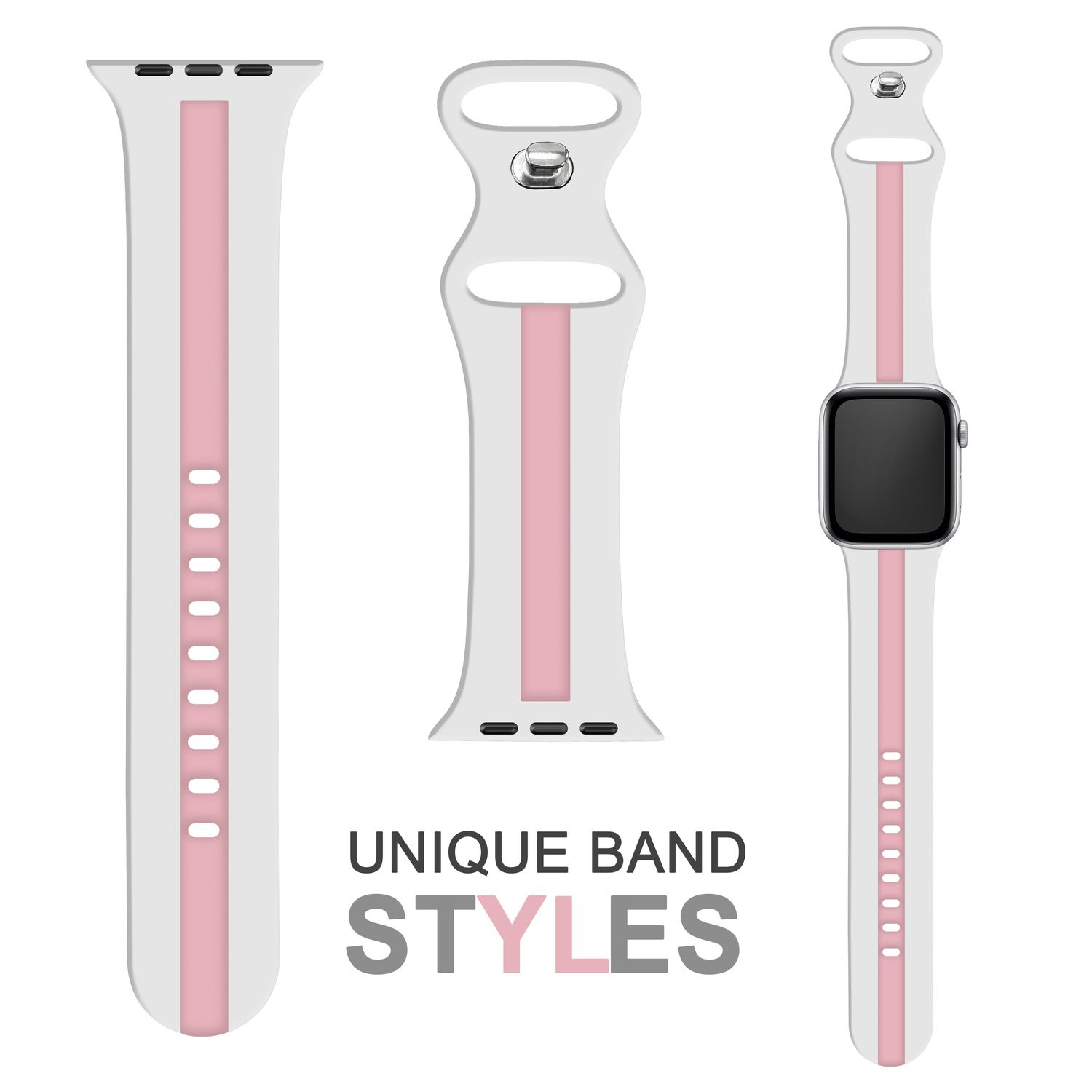 NALIA Gestreiftes Smartwatch Silikon Apple Pink Apple, Watch Weiß Ersatzarmband, 42mm/44mm/45mm/49mm, Armband