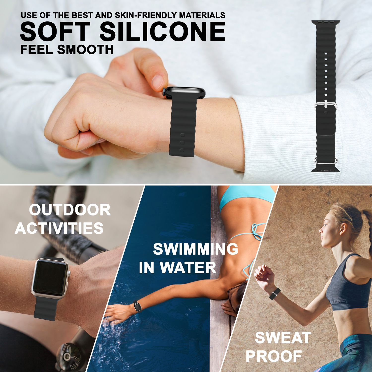 Schwarzes Uhrenarmband am Handgelenk und andere Aktivitäten: Outdoor, Schwimmen, schweißfest.