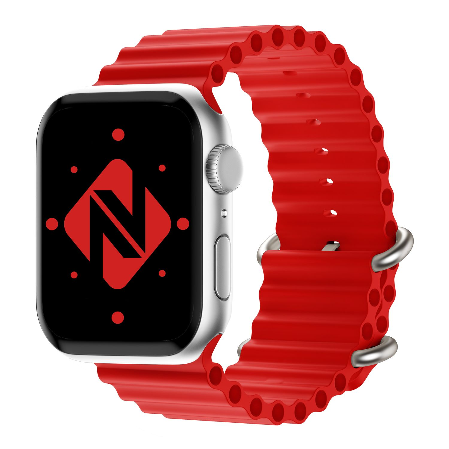 Silberne Apple Watch mit rotem Armband. Das Zifferblatt zeigt ein rotes „N“-Logo.