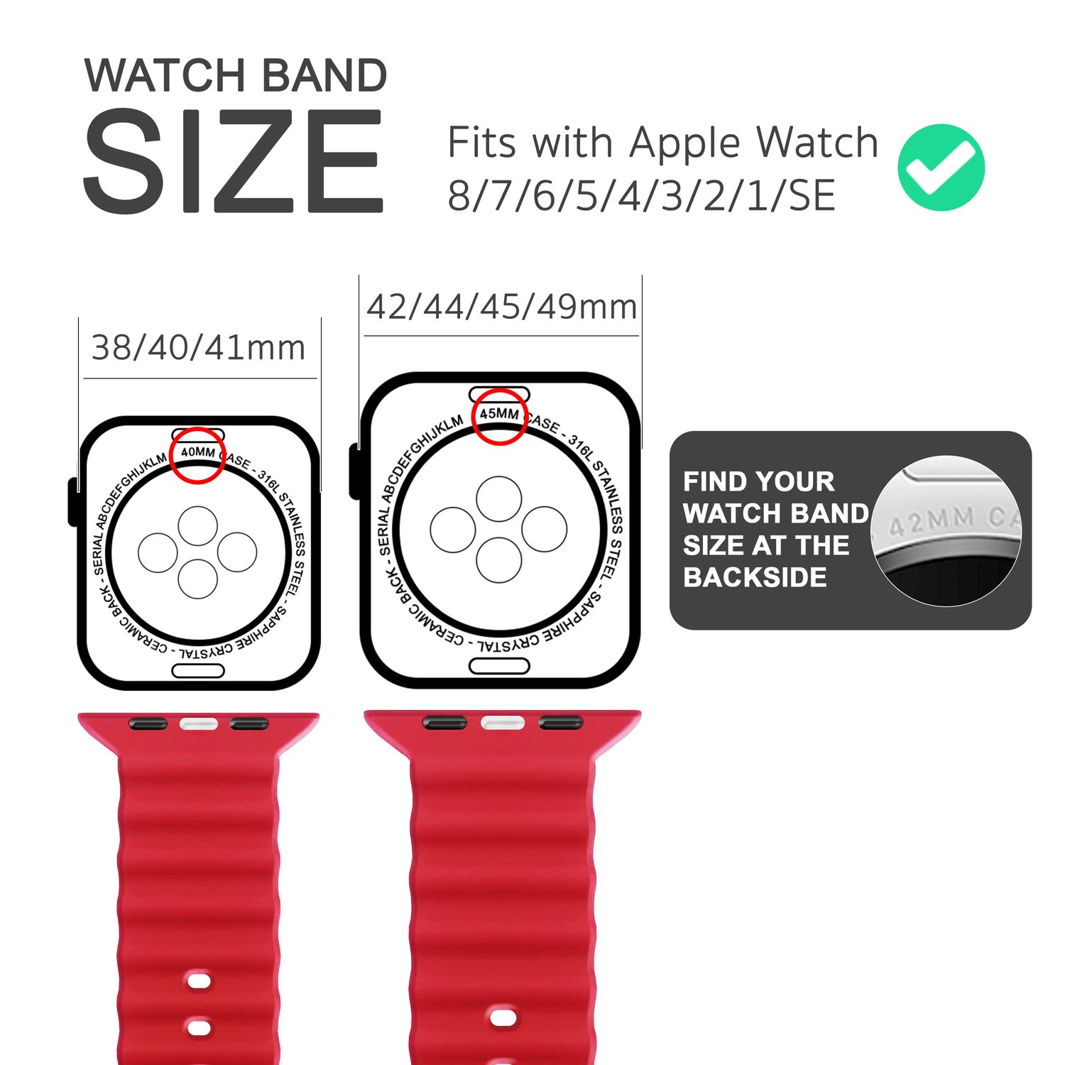 Diagramm mit Uhrenarmbandgrößen, mit roten Uhrenarmbändern und Markierungen für verschiedene Apple Watch-Größen.