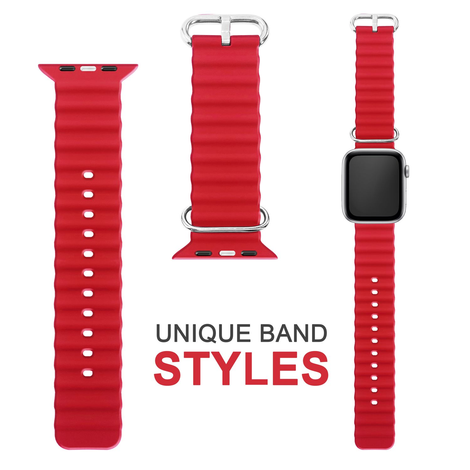 Rotes Uhrenarmband mit einzigartigen Armbandstilen. Das Band hat ein geripptes Design mit Metallverschluss.