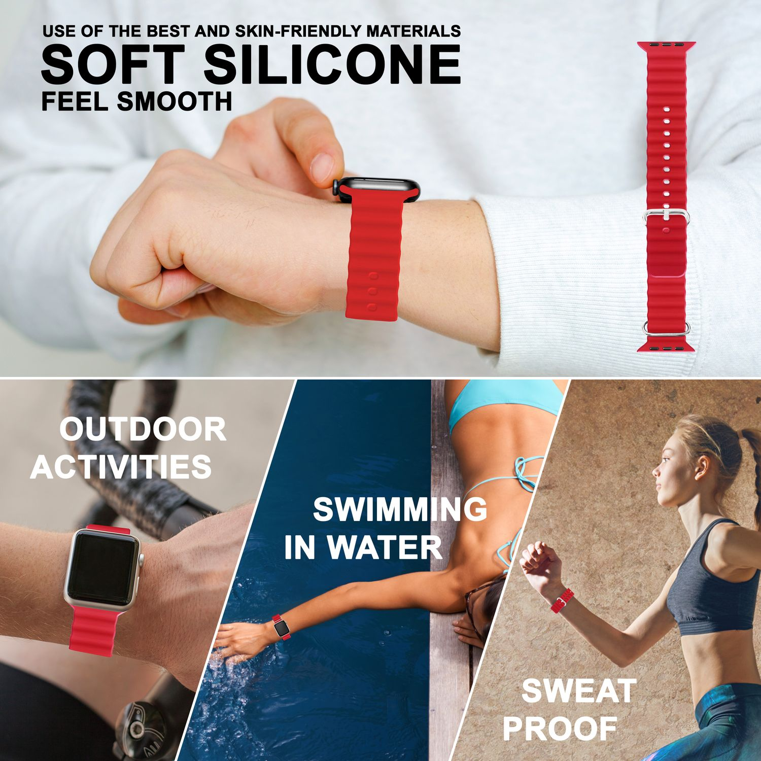 Rote Armbänder an Handgelenken. Bilder zeigen Outdoor-Aktivitäten, Schwimmen und schweißfeste Eigenschaften.