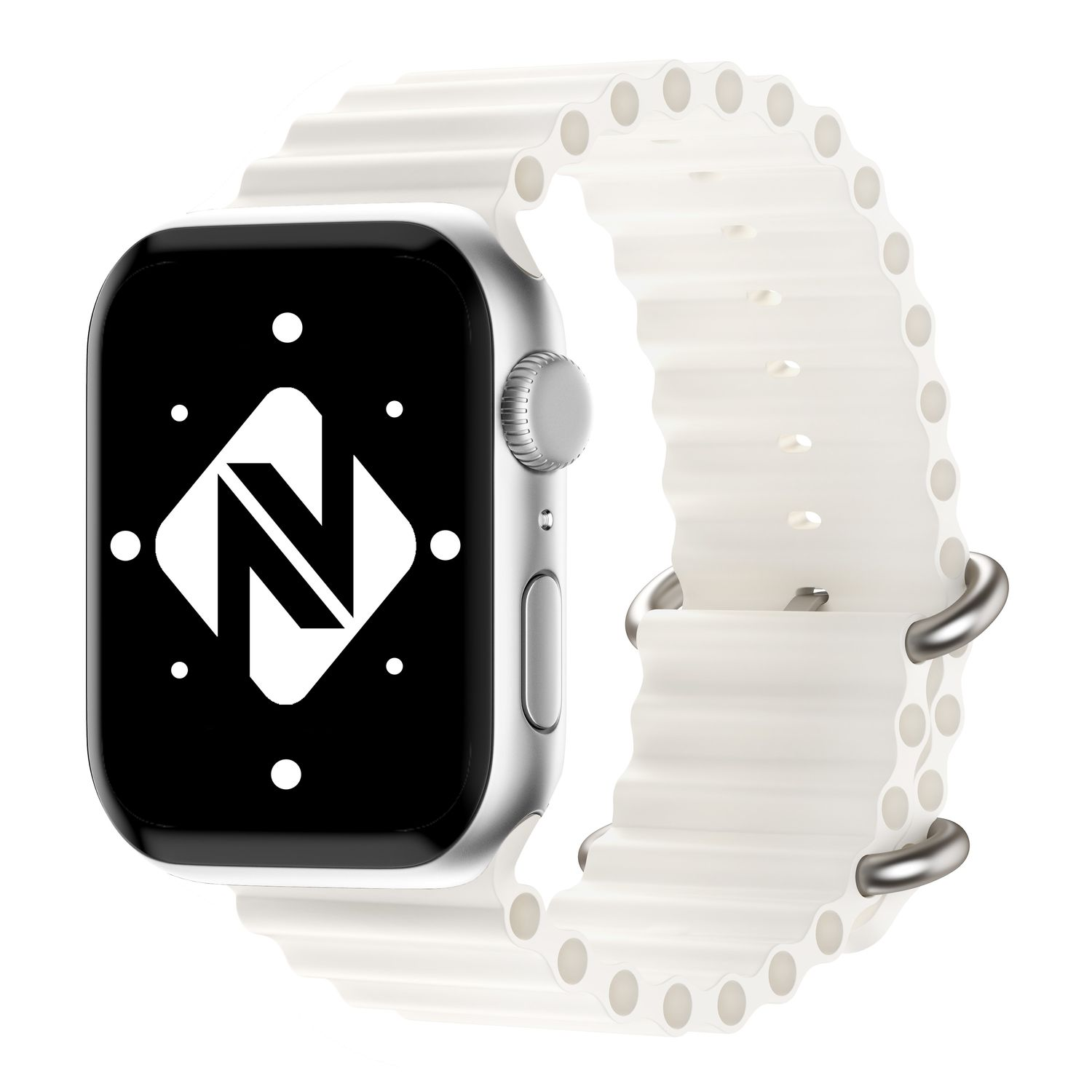 Silberne Smartwatch mit weißem Armband. Der Bildschirm zeigt ein weißes N-Logo auf Schwarz.