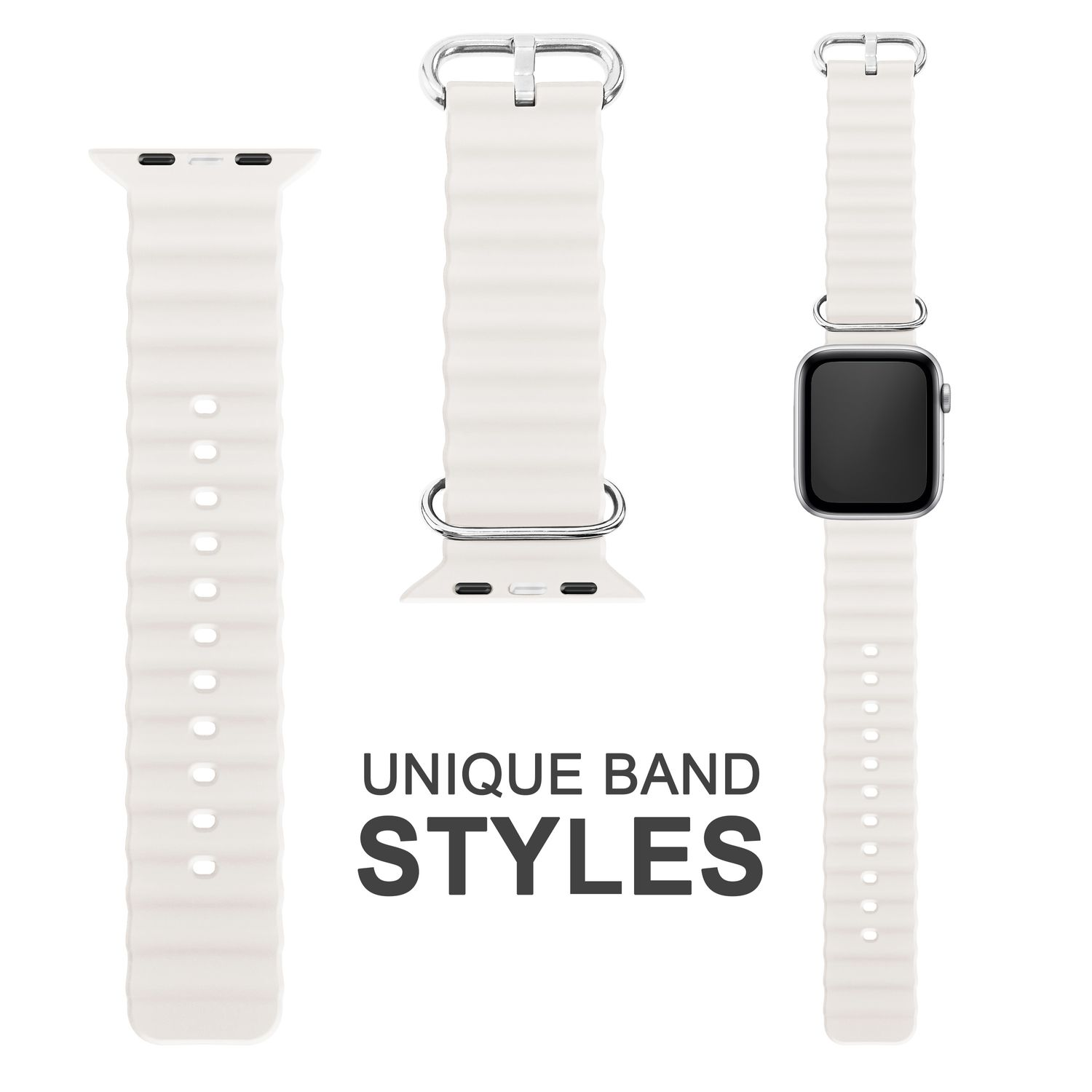 Weißes Uhrenarmband mit silberner Schnalle. Zwei zusätzliche Armbänder werden gezeigt.