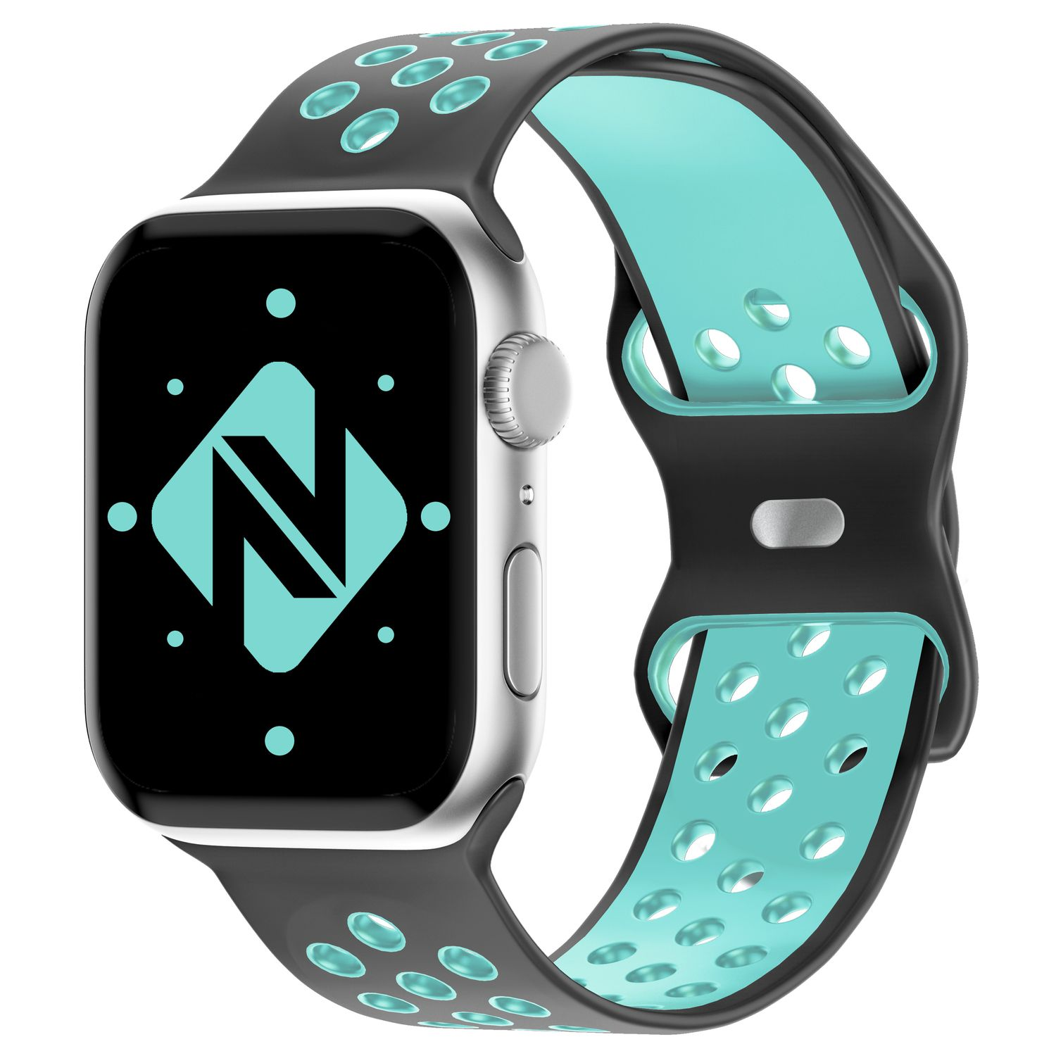 Silberne Smartwatch mit schwarz-türkisfarbenem Band. Das Display zeigt ein türkises Logo.