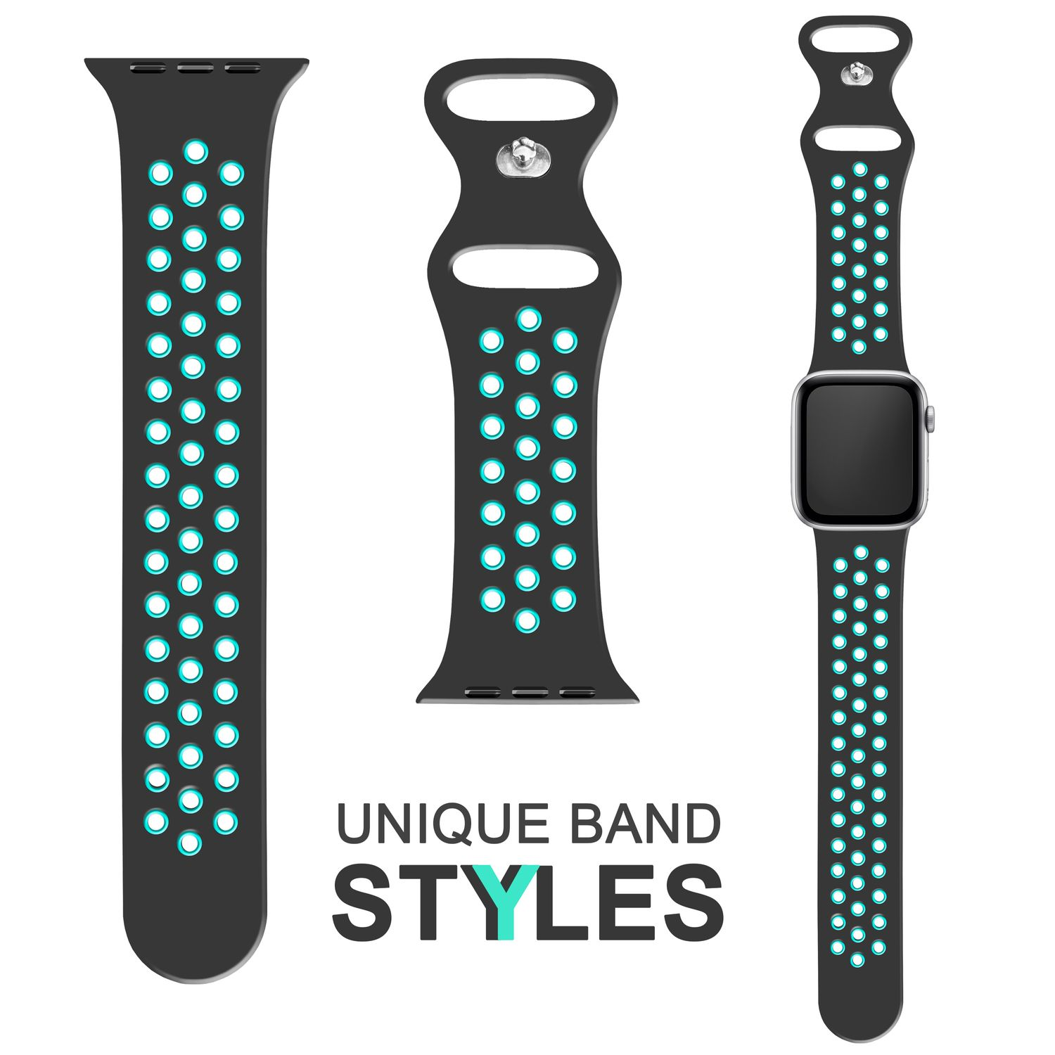 Drei schwarze Uhrenarmbänder, isoliert auf Weiß, mit einzigartigen Bandstilen.