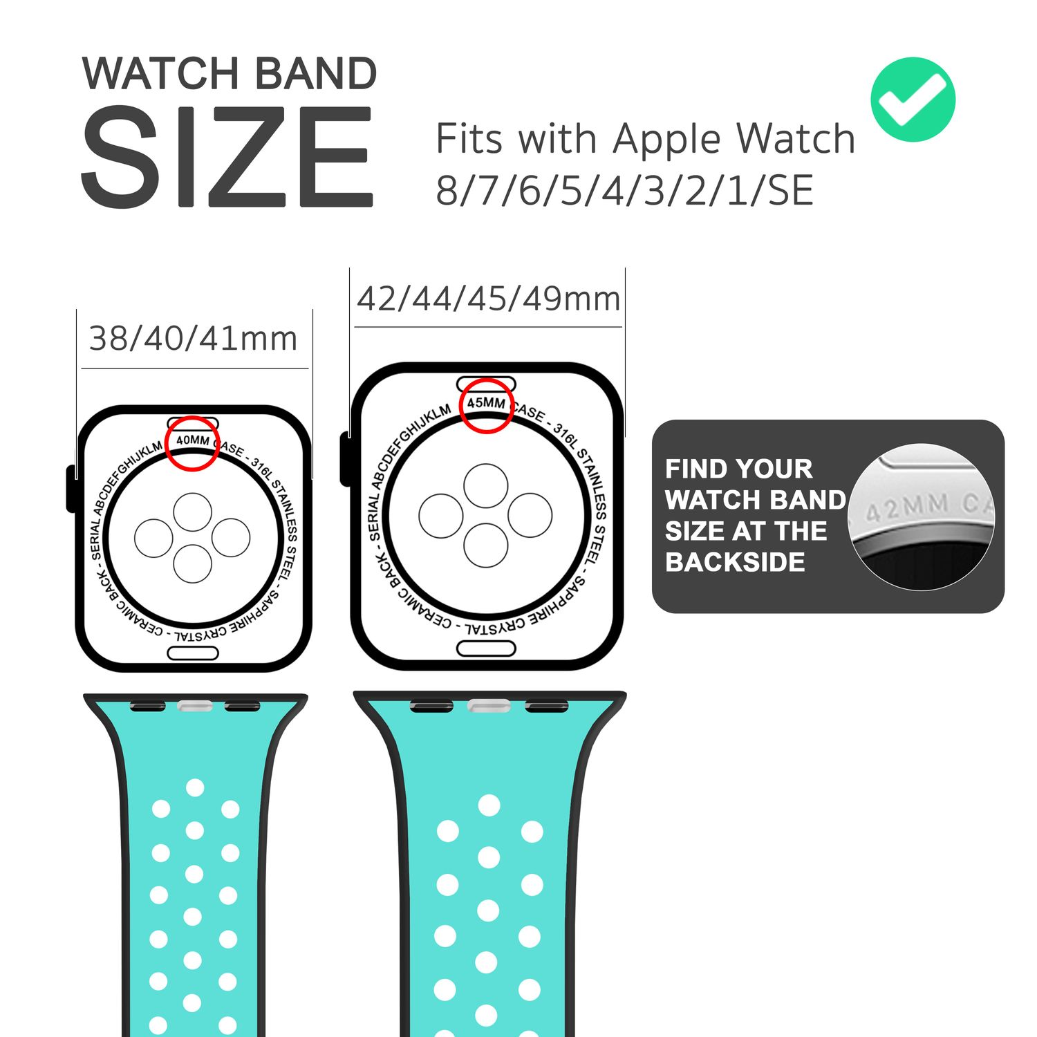 Diagramm zur Kompatibilität der Apple Watch-Größe mit verschiedenen Armbändern.