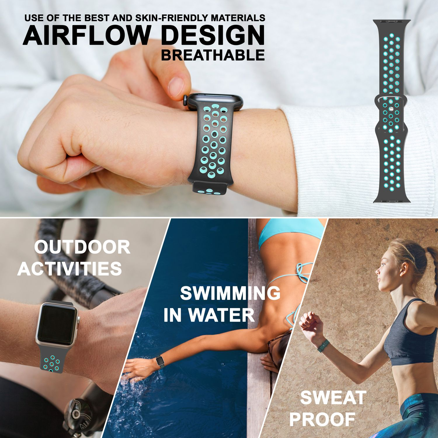 Armband mit schwarzen und teal-farbenen Löchern am Handgelenk, zusätzliche Bilder: Outdoor-Aktivitäten, Schwimmen und schweißfest.