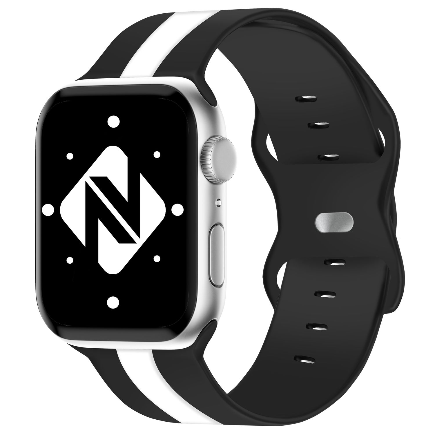 Silberne Smartwatch mit schwarzem Armband und weißen Streifen, zeigt Logo. Auf weißem Hintergrund.