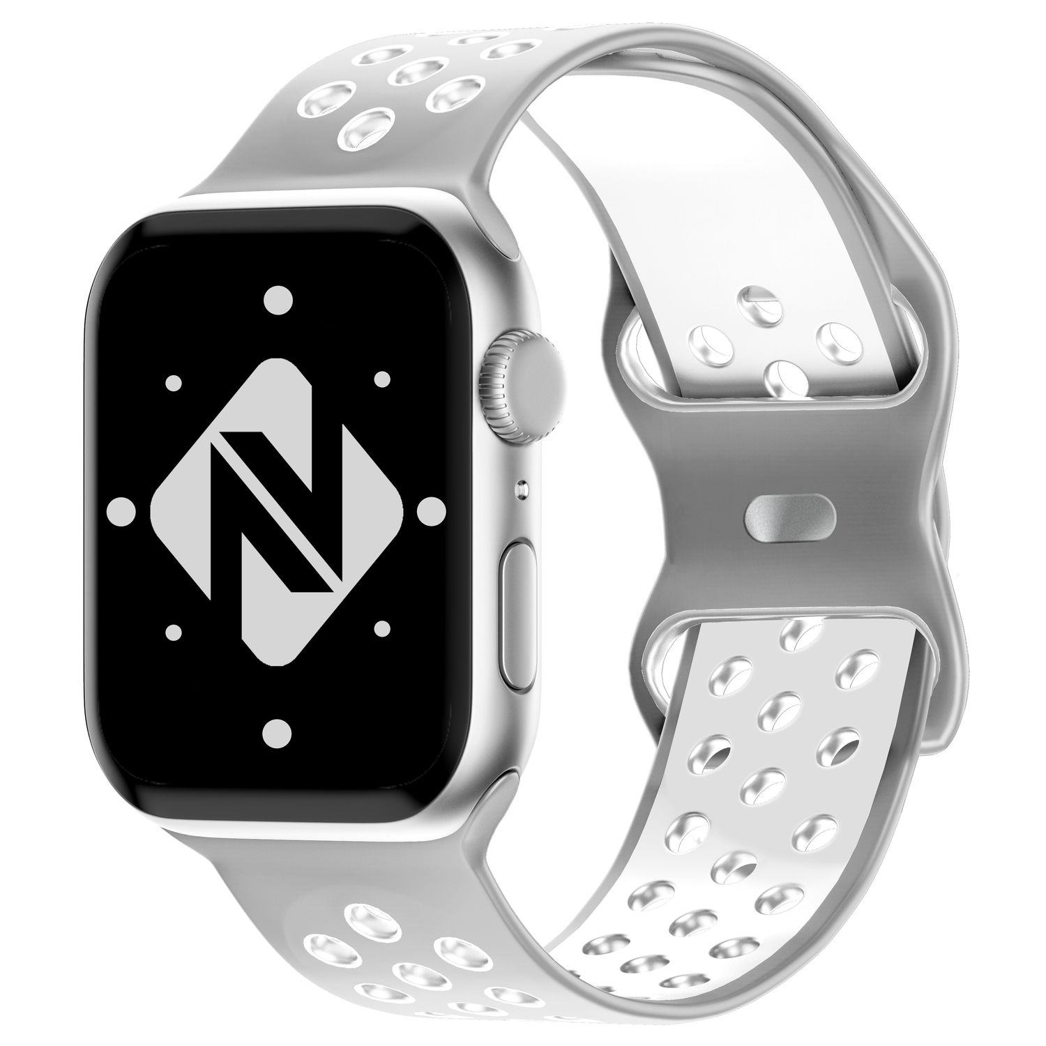 Silberne Smartwatch mit schwarzem Bildschirm, der ein weißes N-Logo zeigt, graues Armband mit weißen Perforationen.