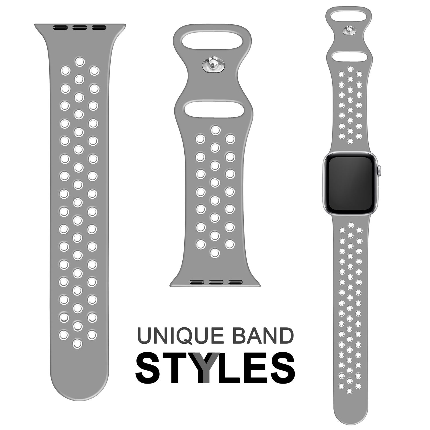 Drei graue Uhrenarmbänder. Eines ist an einer Uhr befestigt. Text: EINZIGARTIGE BANDSTILE.