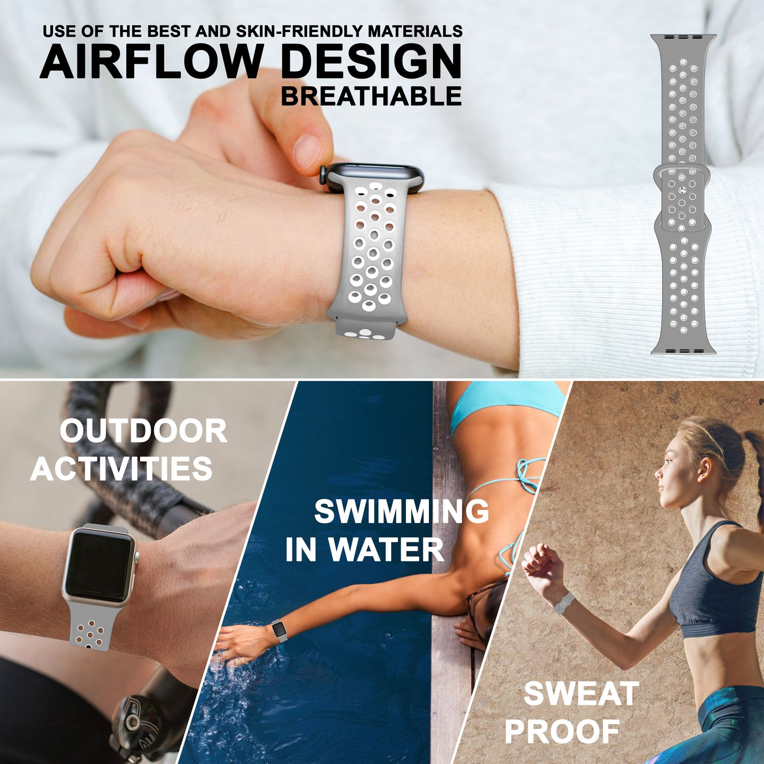 Armband mit grauen und weißen Löchern, am Handgelenk, mit zusätzlichen Bildern: Outdoor, Schwimmen, schweißfest.