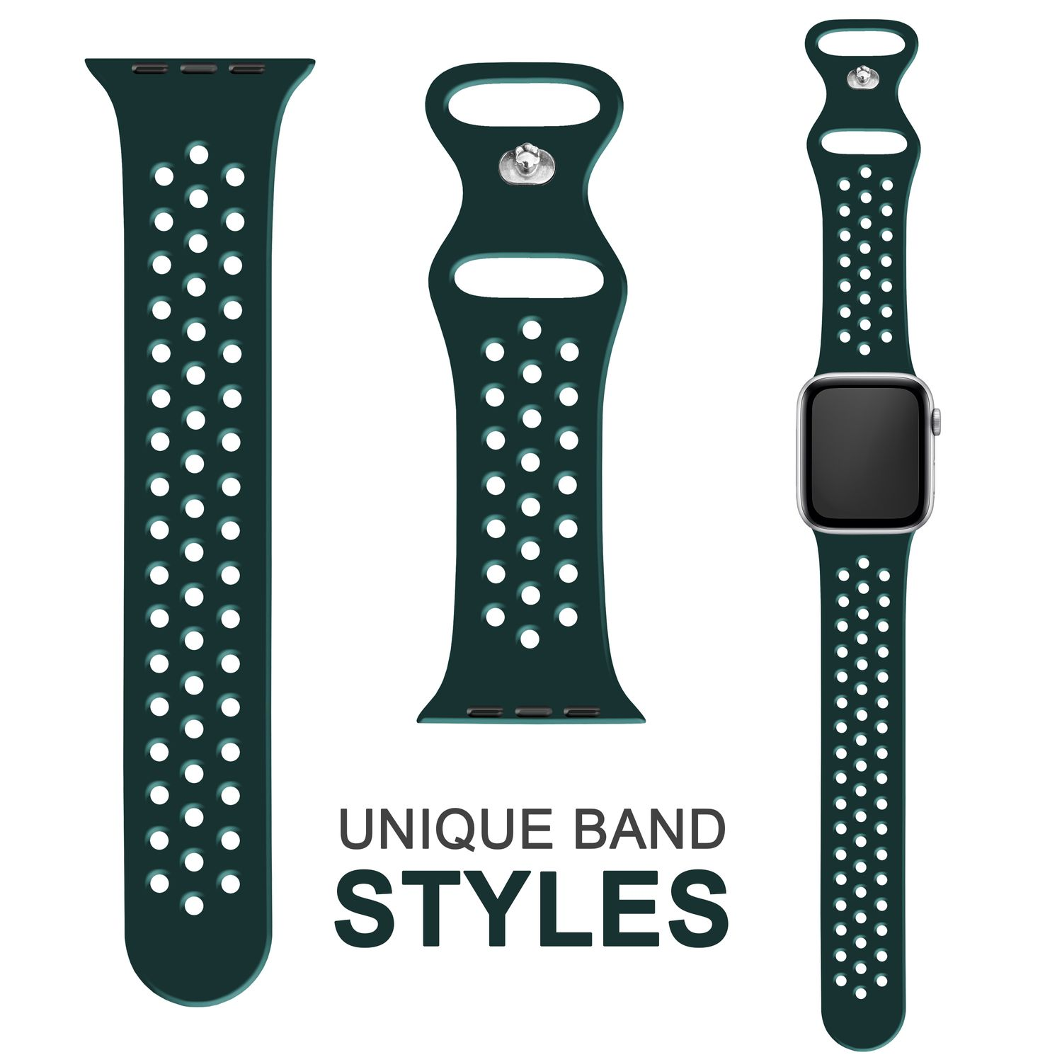 Drei dunkelgrüne Armbänder mit Löchern, dargestellt mit dem Text 'UNIQUE BAND STYLES' auf weißem Hintergrund.