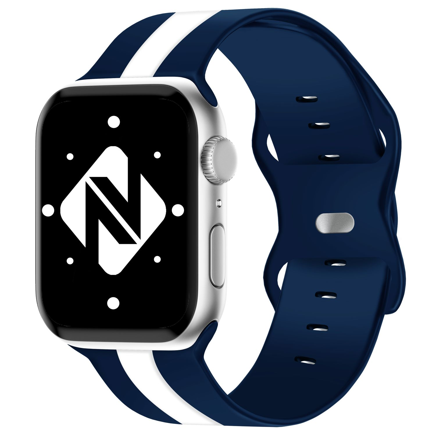 Silberne Smartwatch, schwarzer Bildschirm mit weißem 'N'-Logo. Marineblaues und weißes Armband.