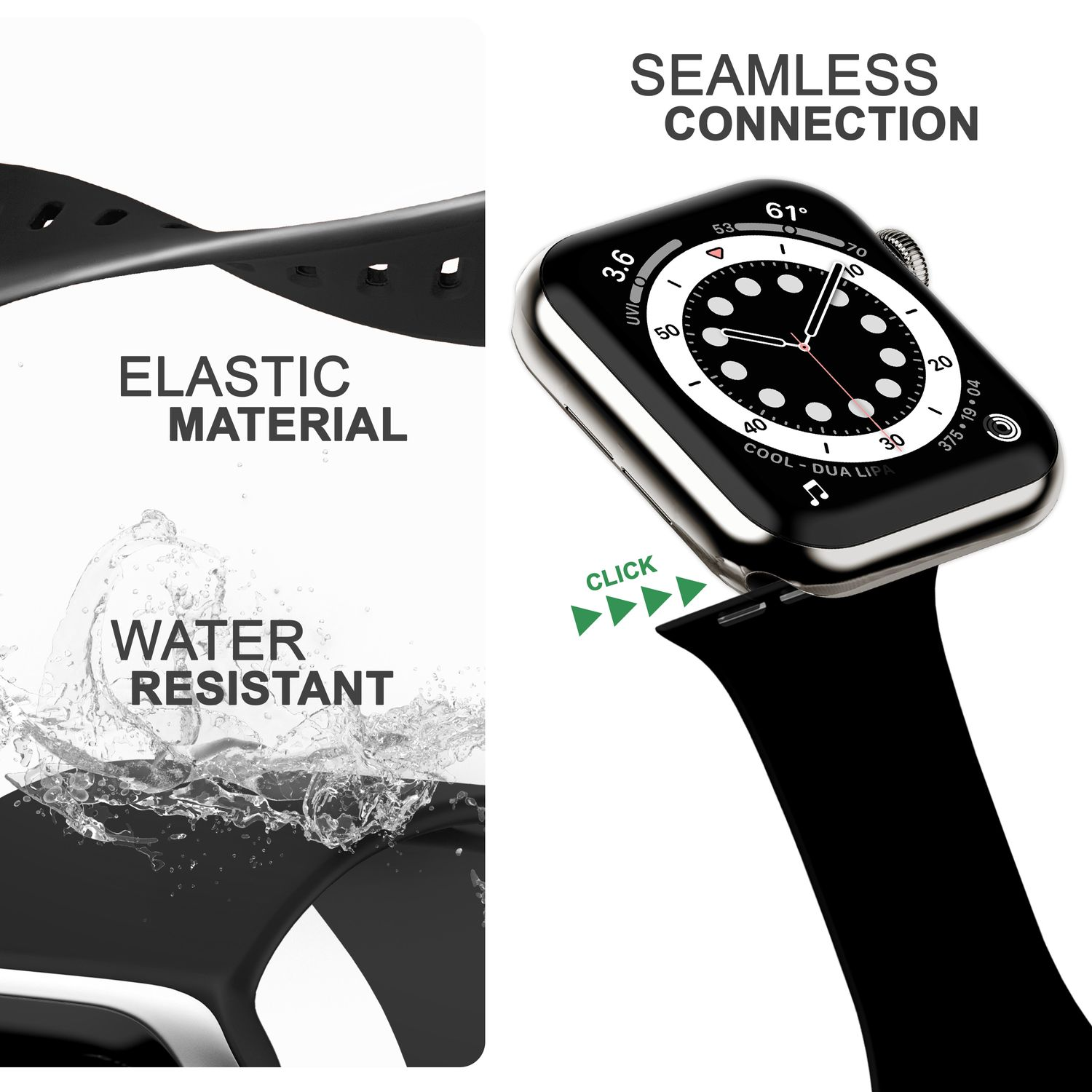 Eine schwarze Uhr mit schwarzem Armband. Die Uhr hat Zahlen und eine digitale Anzeige. Text: Elastisches Material.