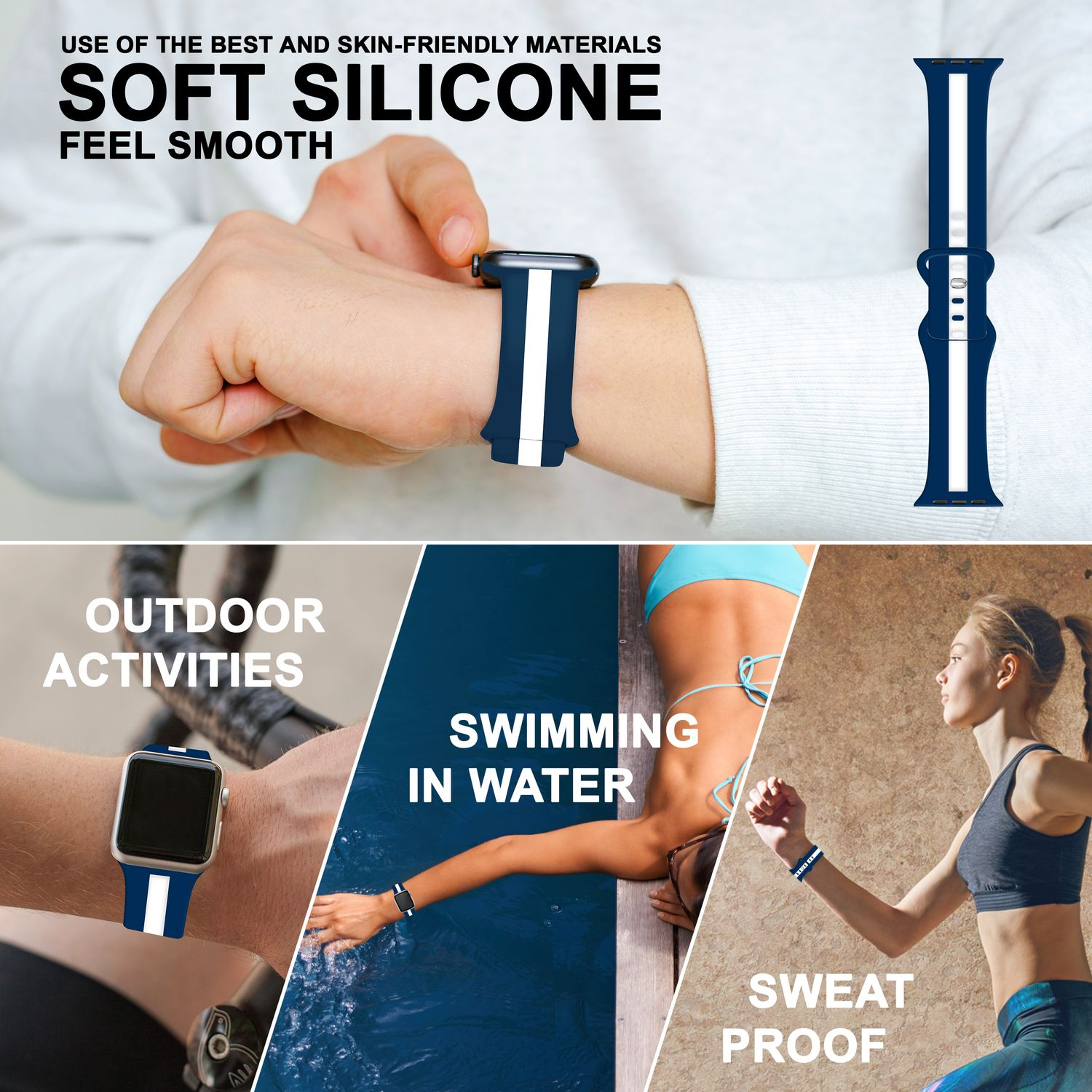 Uhrenarmband am Handgelenk, mit Text: weiches Silikon, Outdoor-Aktivitäten, Schwimmen, und schweißfest.