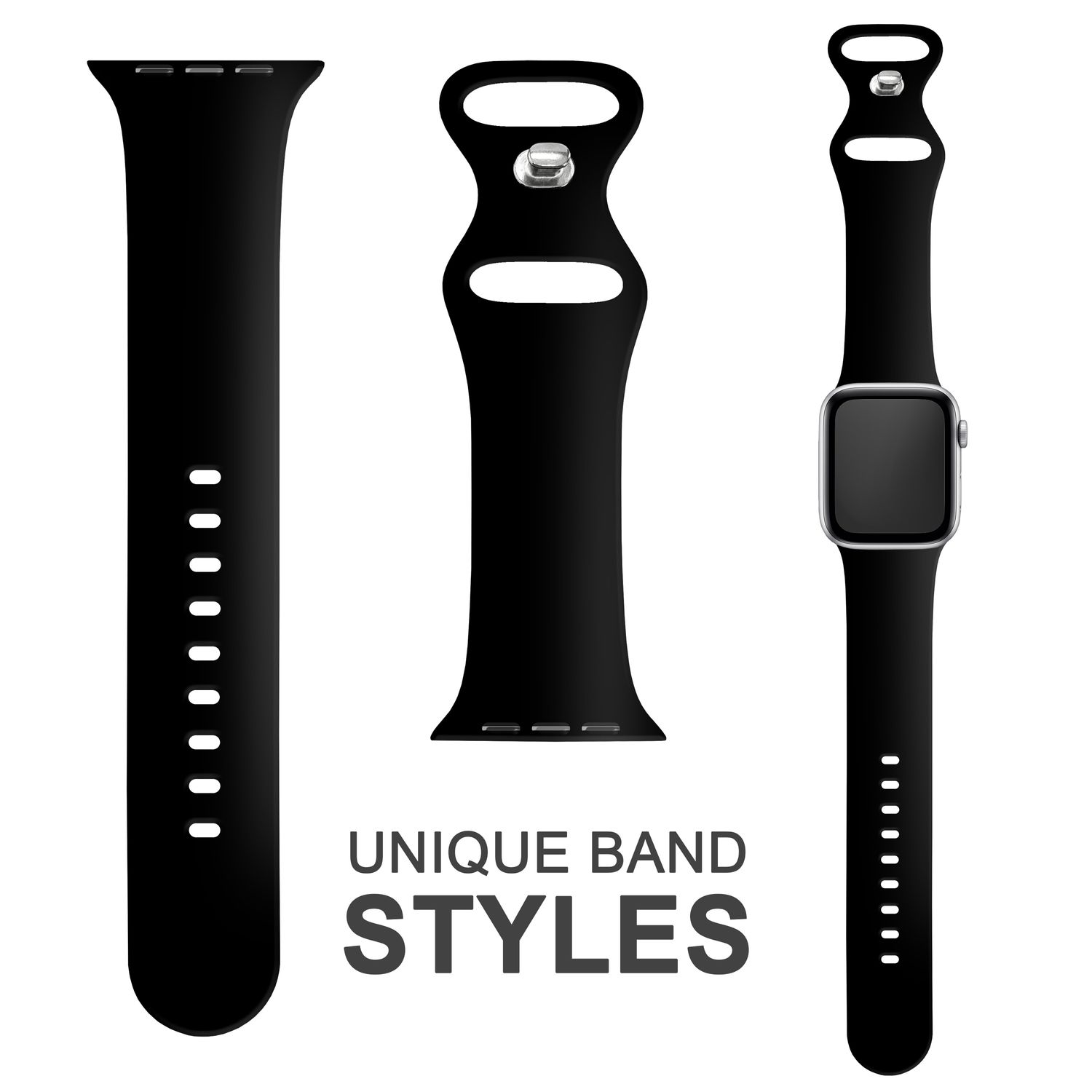 Drei schwarze Uhrenarmbänder. Eines lang, eines mittelgroß und eines an einer Uhr befestigt.