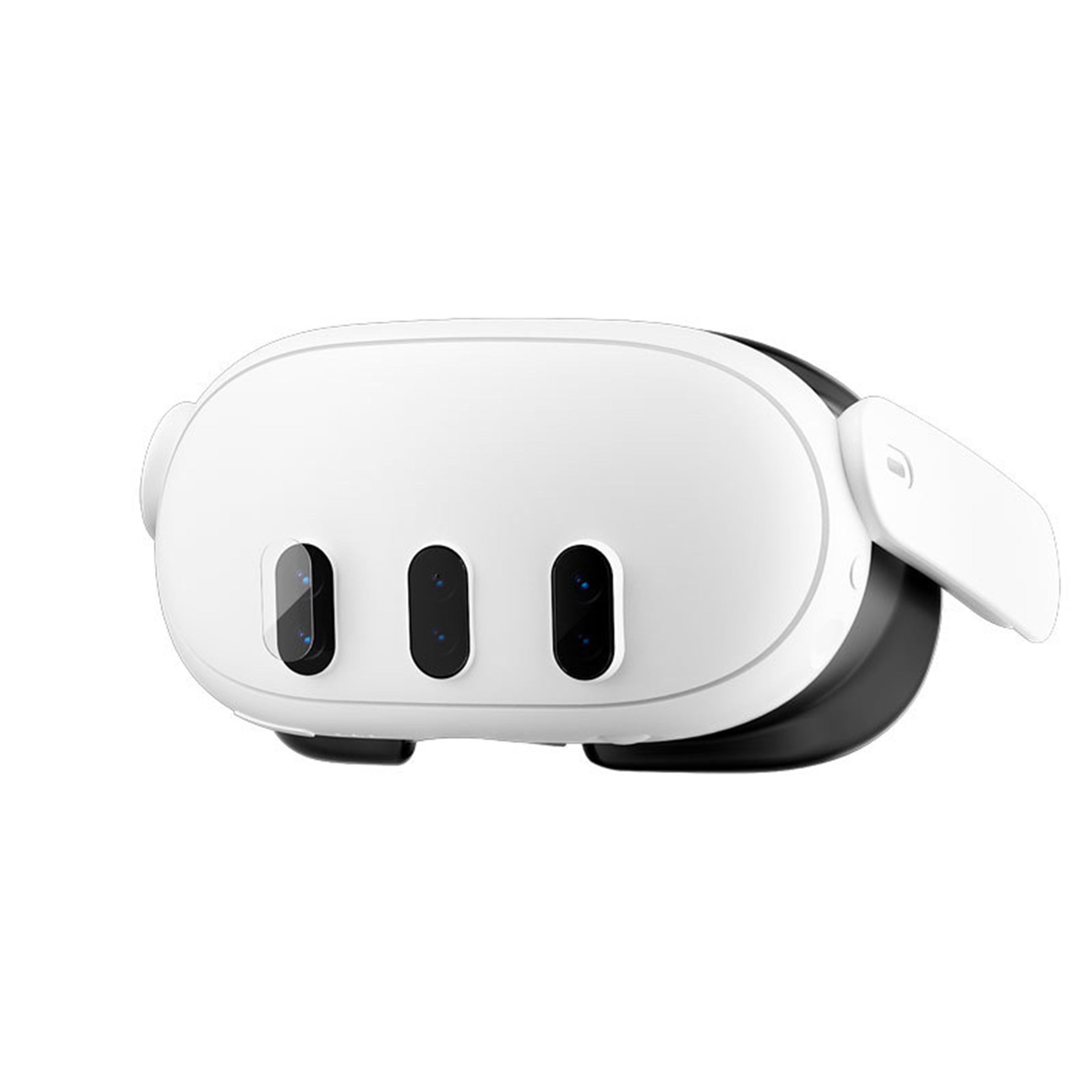 Weißes VR-Headset mit drei schwarzen Linsen und einem schwarzen Riemen an der Seite.