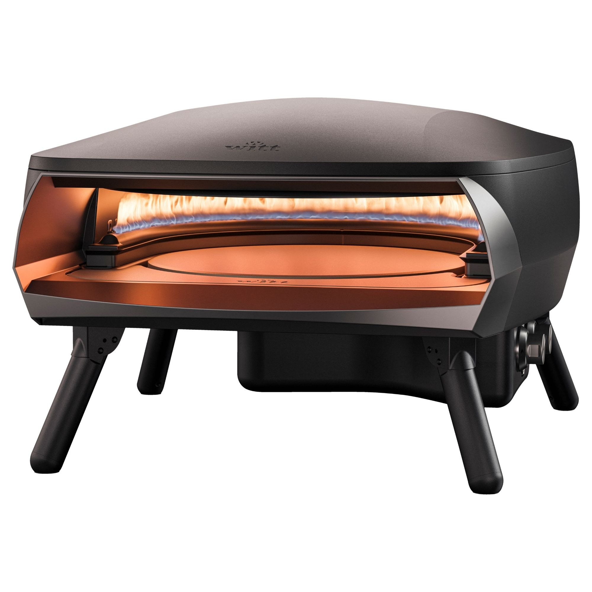 Forno per pizza nero da esterno con fiamma visibile all'interno.