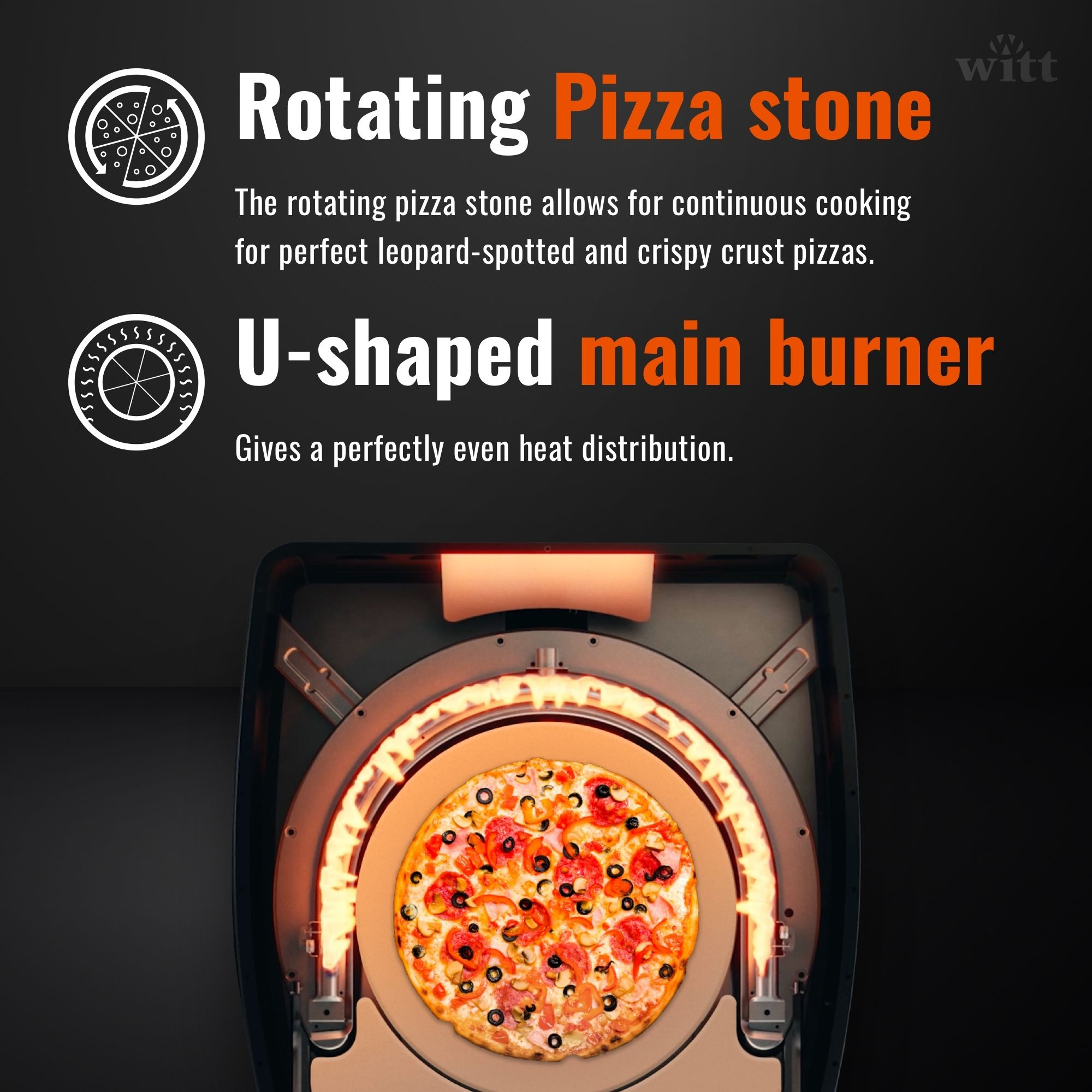 Pizza in forno, con testo sulla pietra rotante e sul bruciatore. Sfondo scuro.