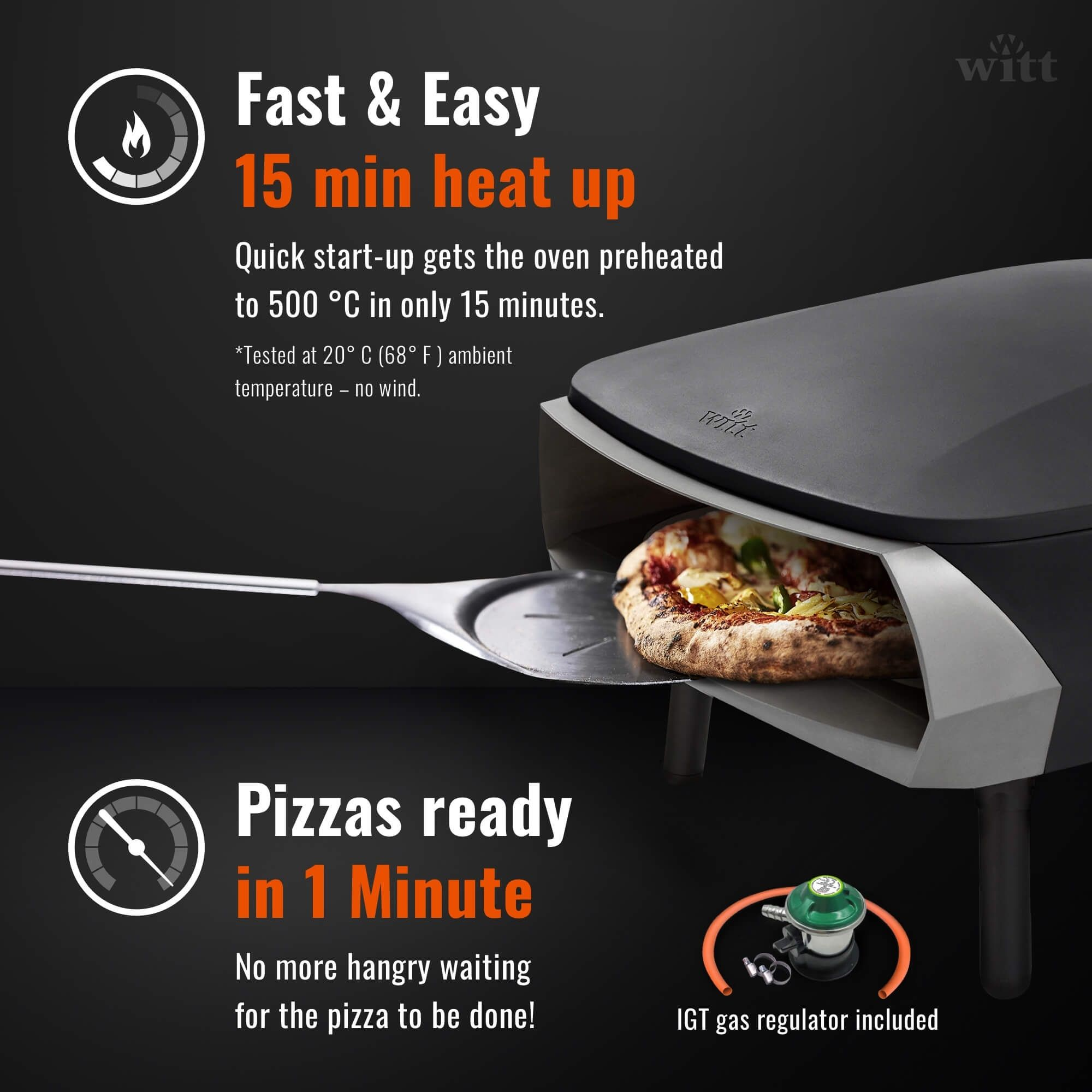 Una pizza in un forno, accanto a una pala per pizza con un regolatore di gas.