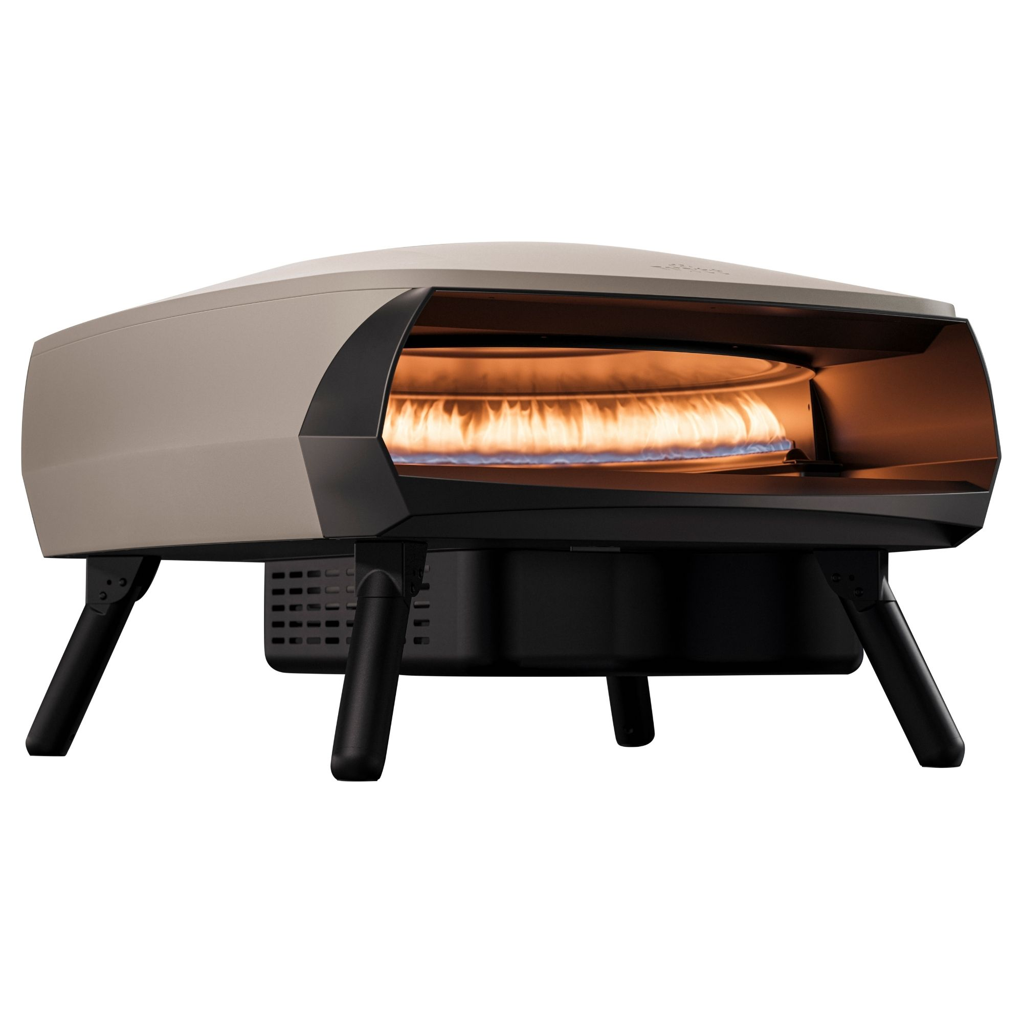 Un forno per pizza da esterno con una pizza dentro. Il forno è beige e nero.