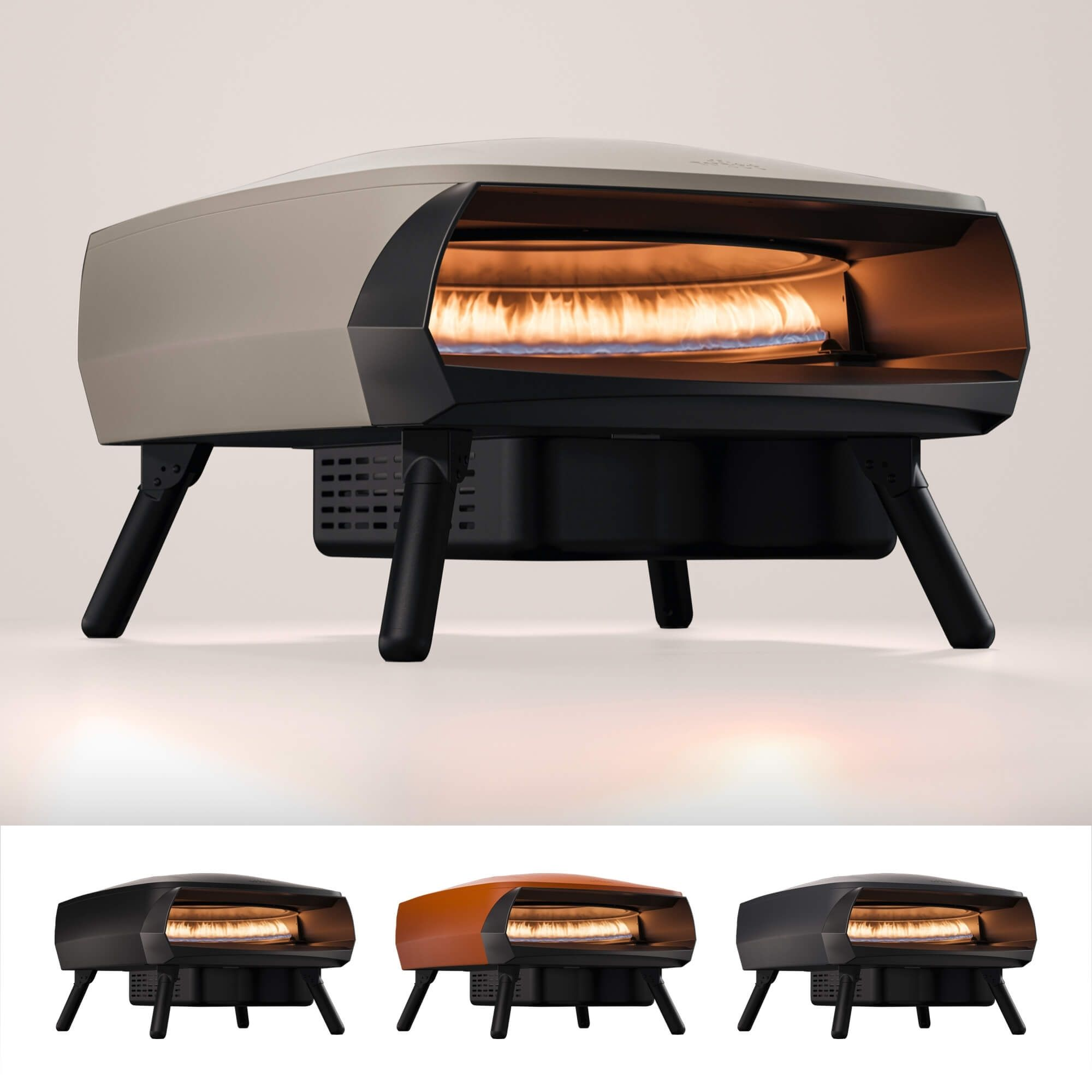 Forno con pizza all'interno, tre opzioni di colore: nero, arancione e nero.
