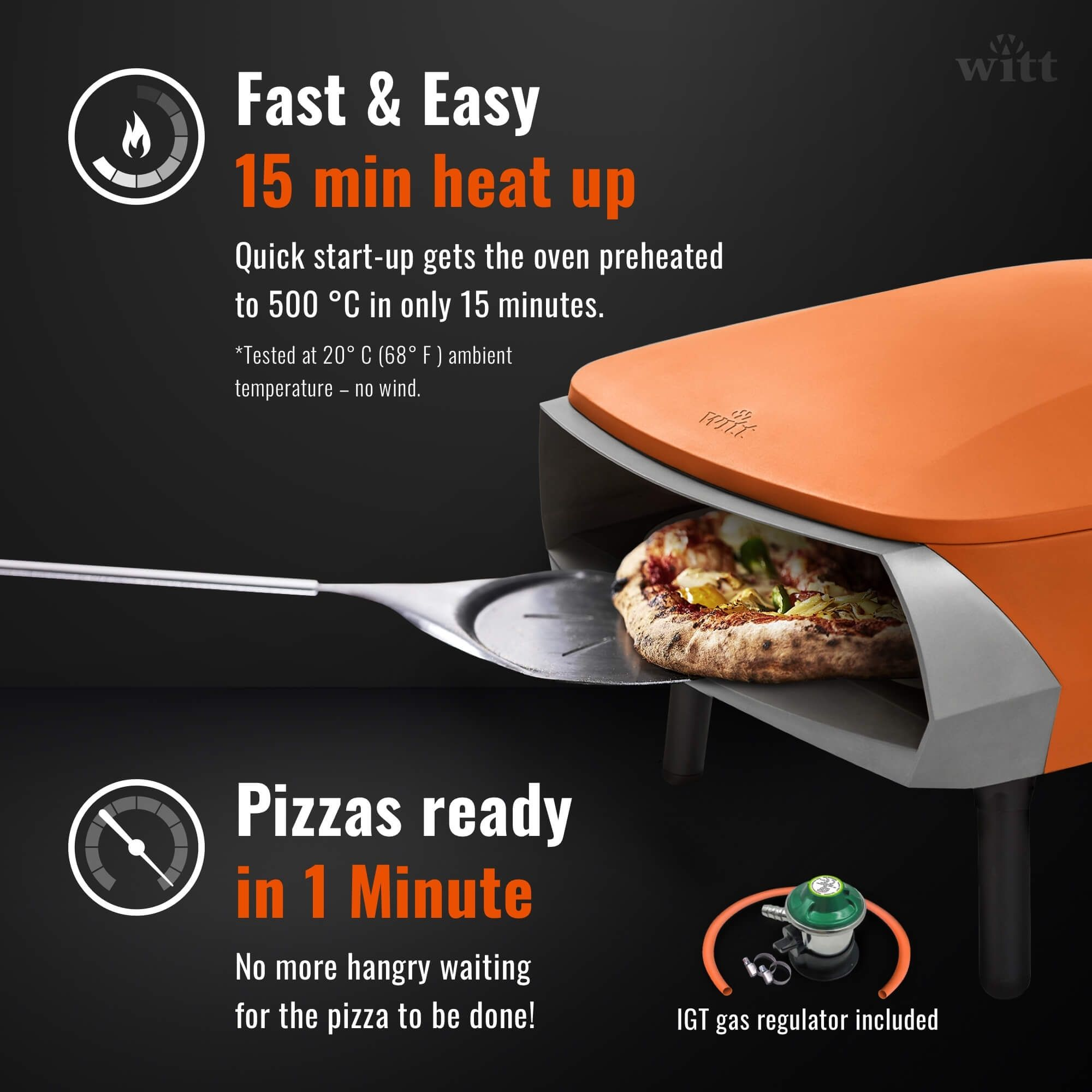 Un forno per pizza arancione con testo sul riscaldamento rapido e la prontezza della pizza.