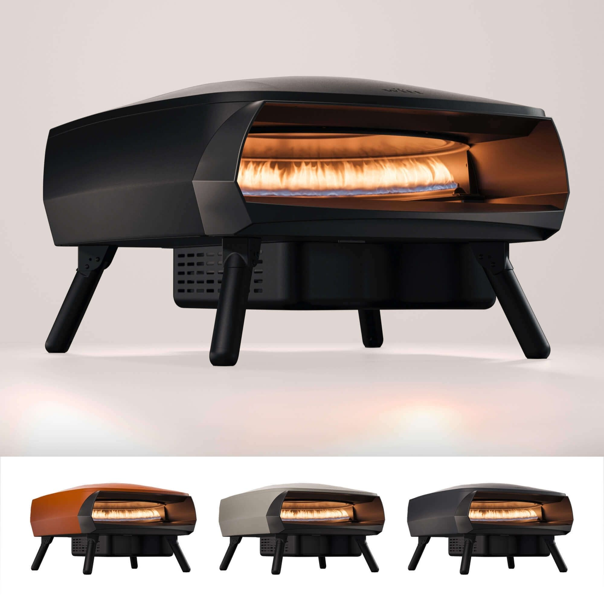 Forno per pizza nero con interno illuminato, con tre varianti di colore sotto.