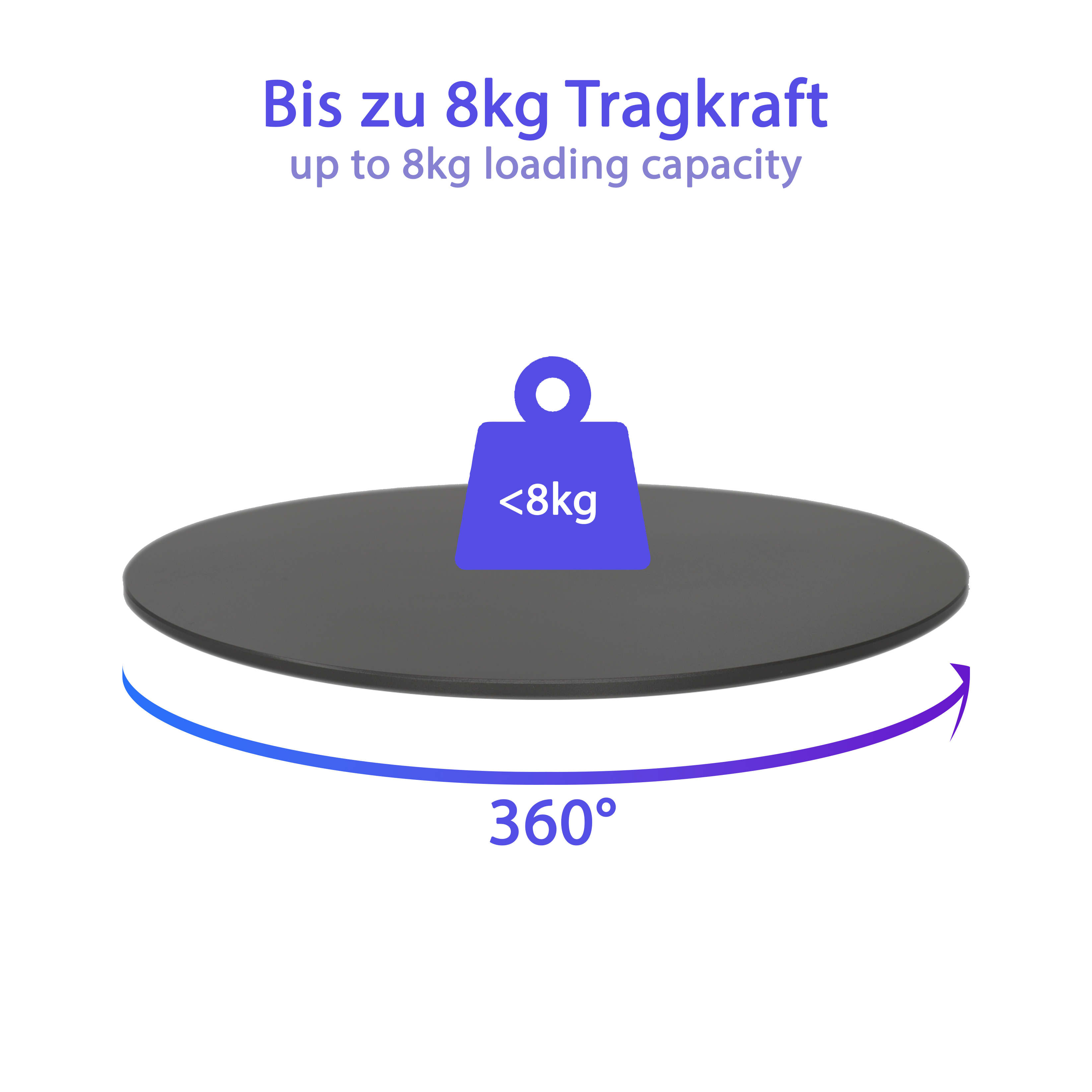 Ein schwarzer, runder, rotierender Tisch mit einem lila Gewicht darauf. Das Gewicht zeigt '<lt/>8kg'.