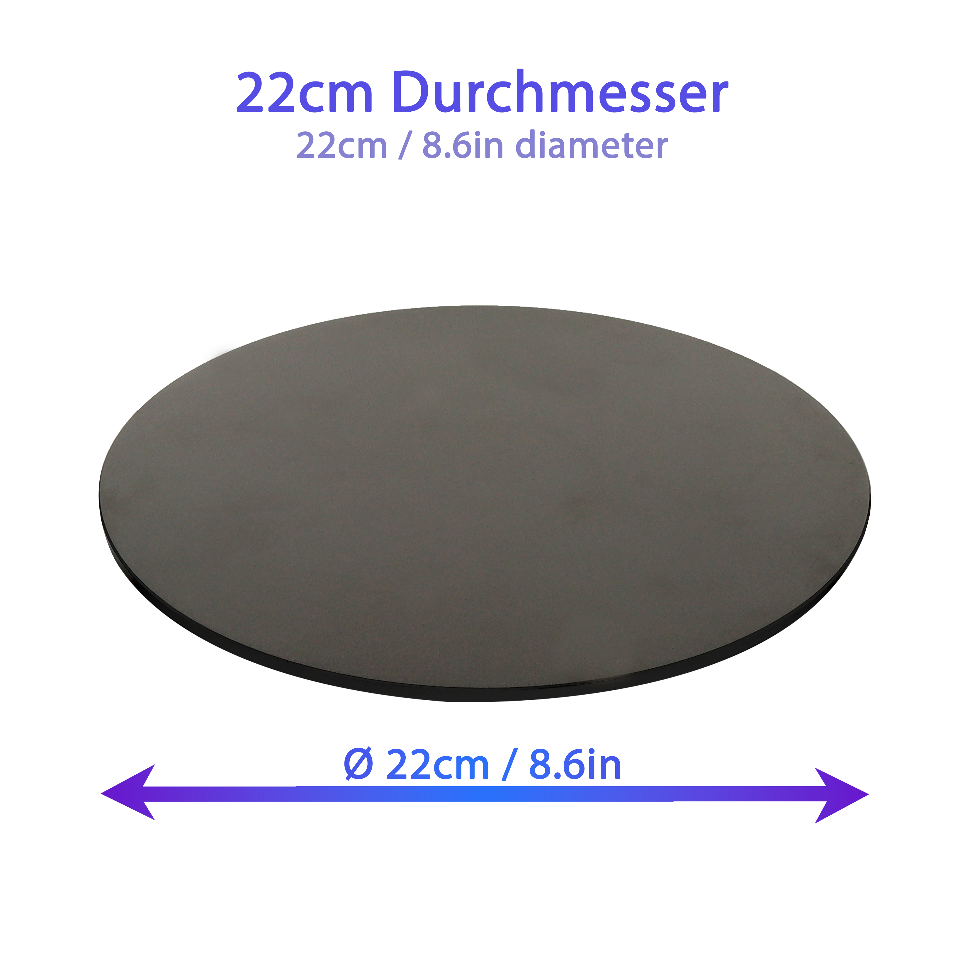 Schwarze, kreisförmige Platte; Durchmesser 22cm, mit Durchmesserpfeil und Text auf weißem Hintergrund.