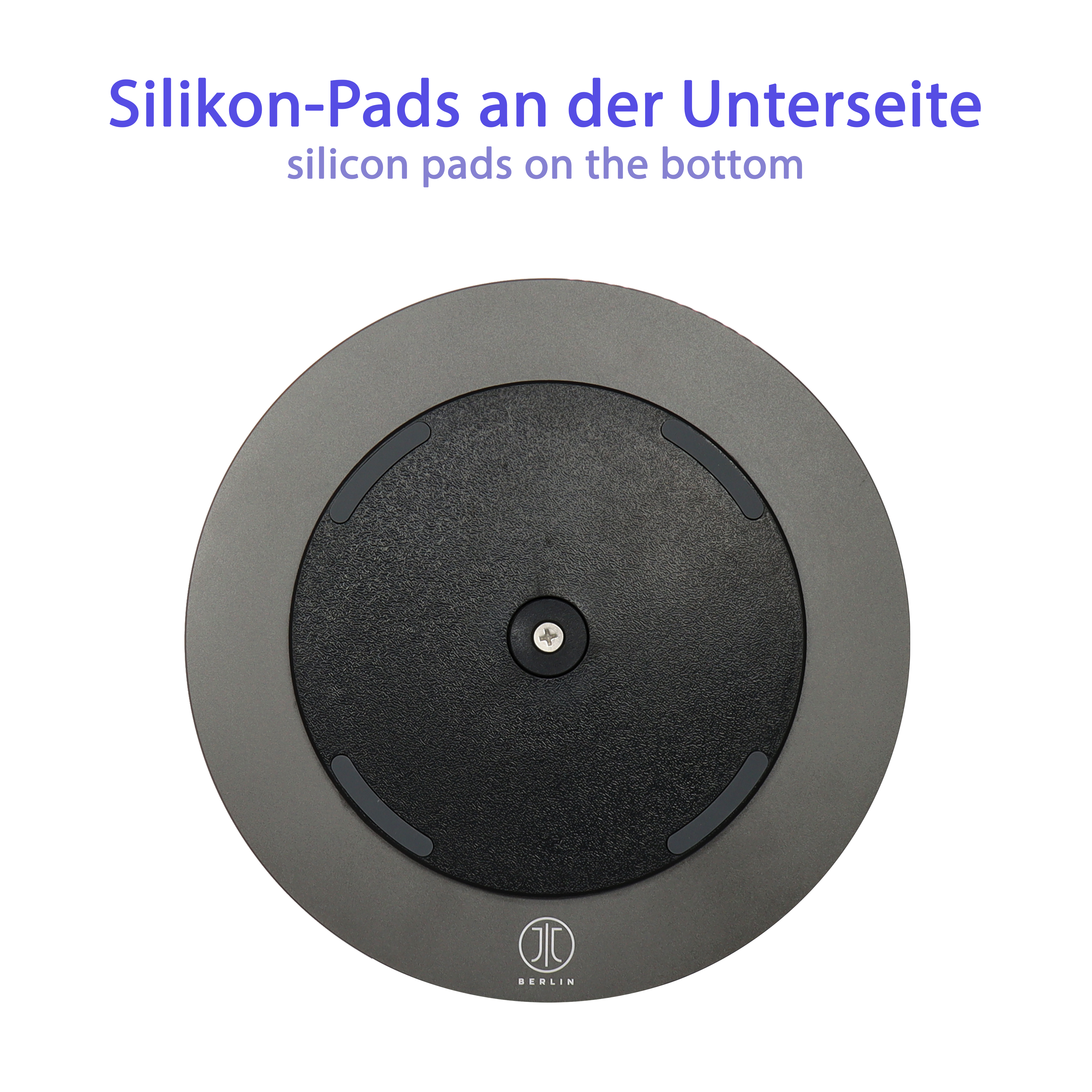 Ein grauer Kreis mit schwarzen Silikonpads. Text: 'Silikon-Pads an der Unterseite'. Ein Logo in der Mitte.