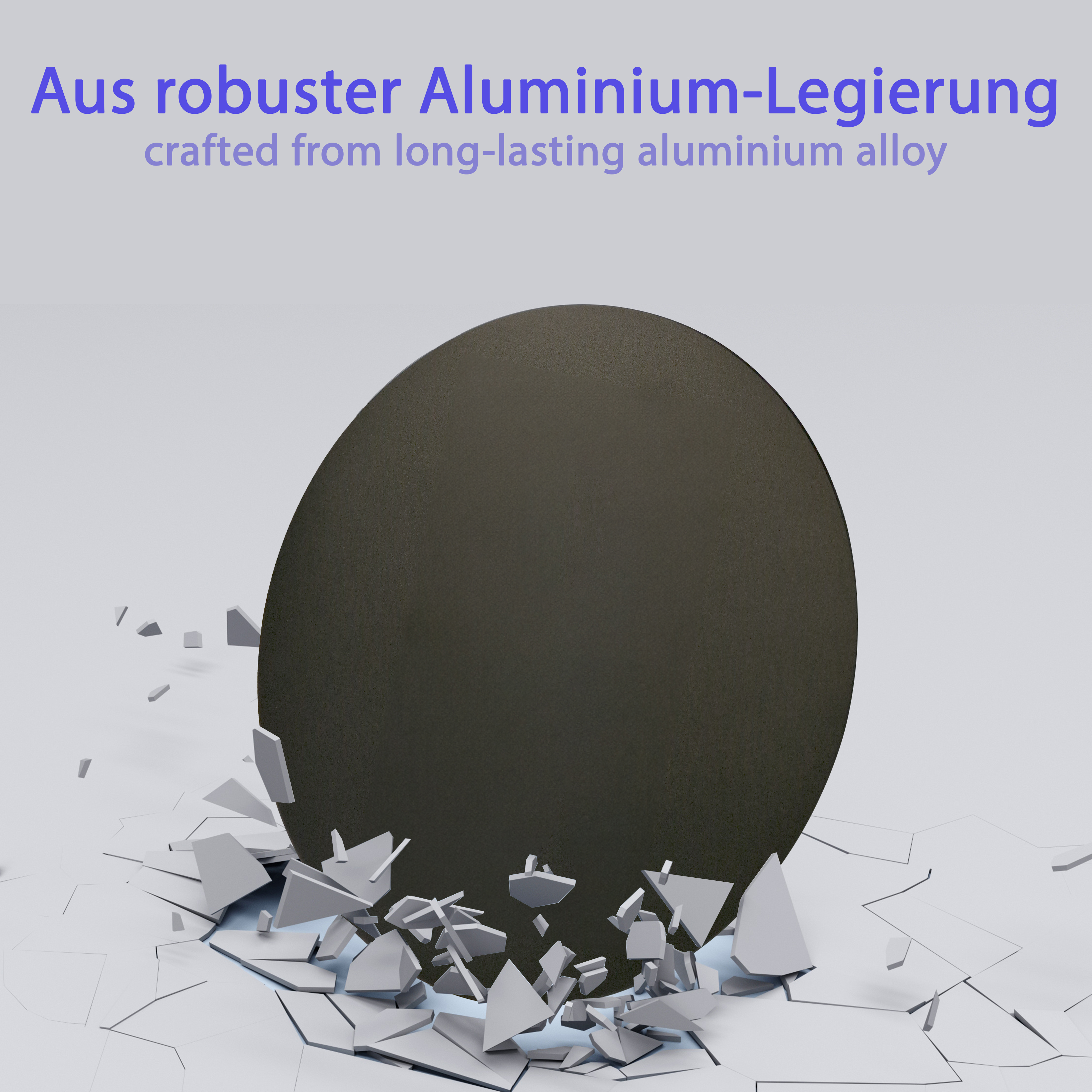Schwarze Kugel bricht helle Oberfläche, mit weißen Rissen und Text: Hergestellt aus Aluminiumlegierung.
