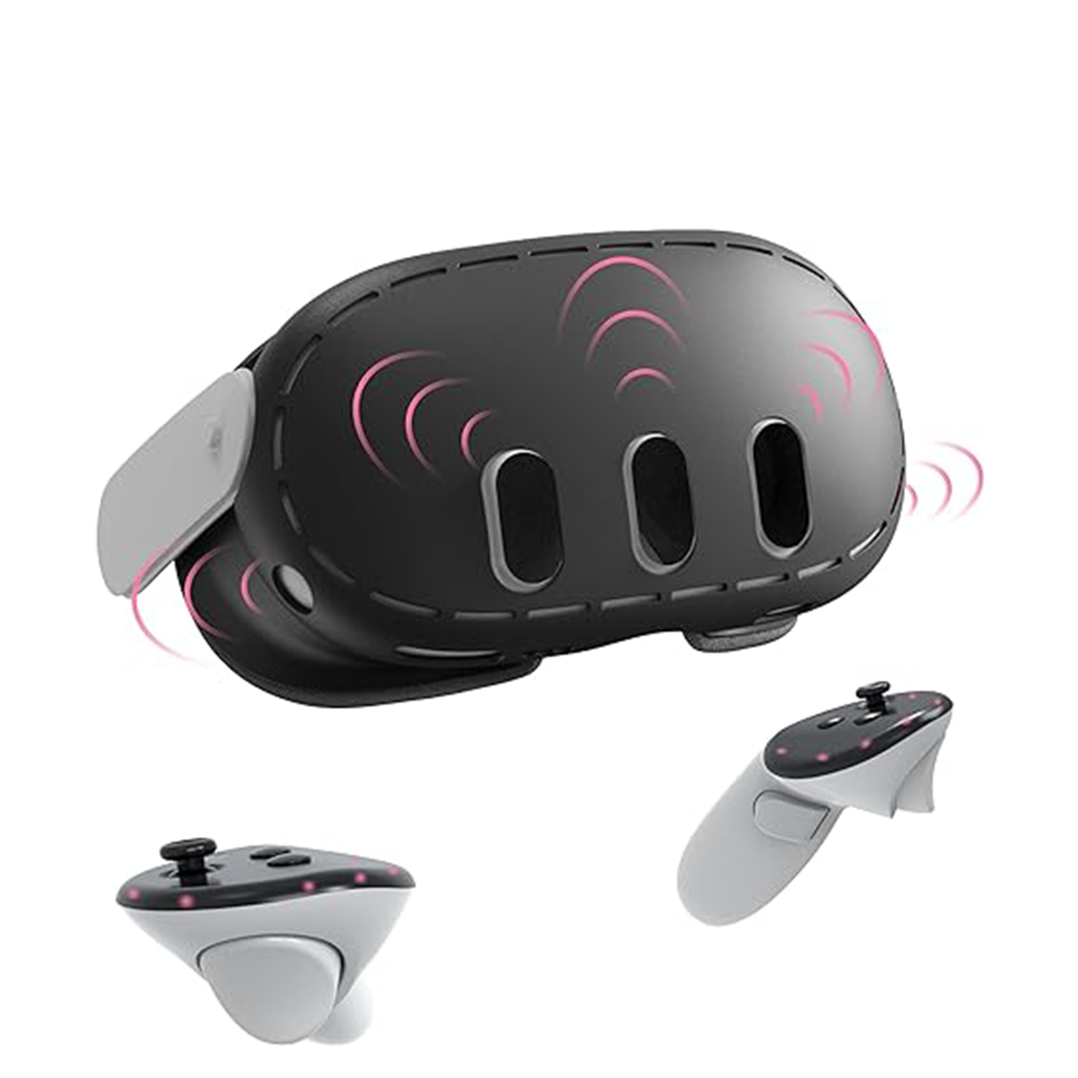 Schwarzes VR-Headset und zwei Controller, mit rosa Linien, die Schallwellen anzeigen.