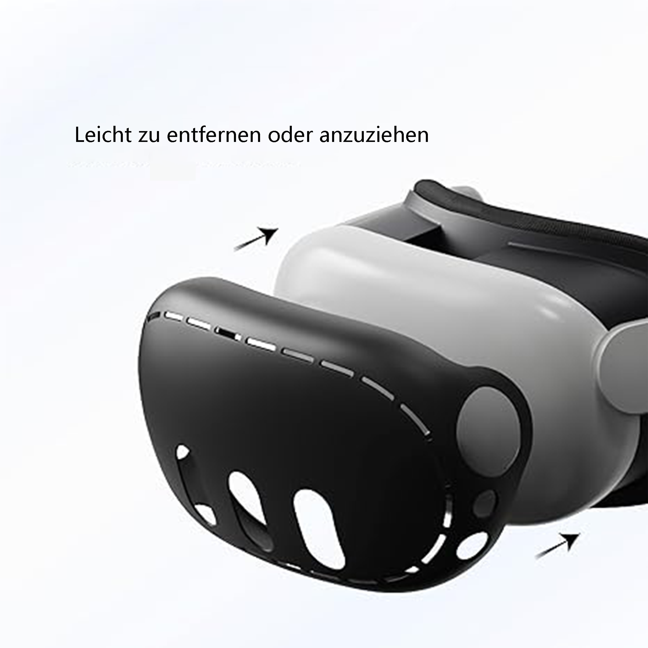 VR-Headset mit abnehmbarer Gesichtsabdeckung. Schwarze Abdeckung ist vom weißen und schwarzen Headset getrennt.