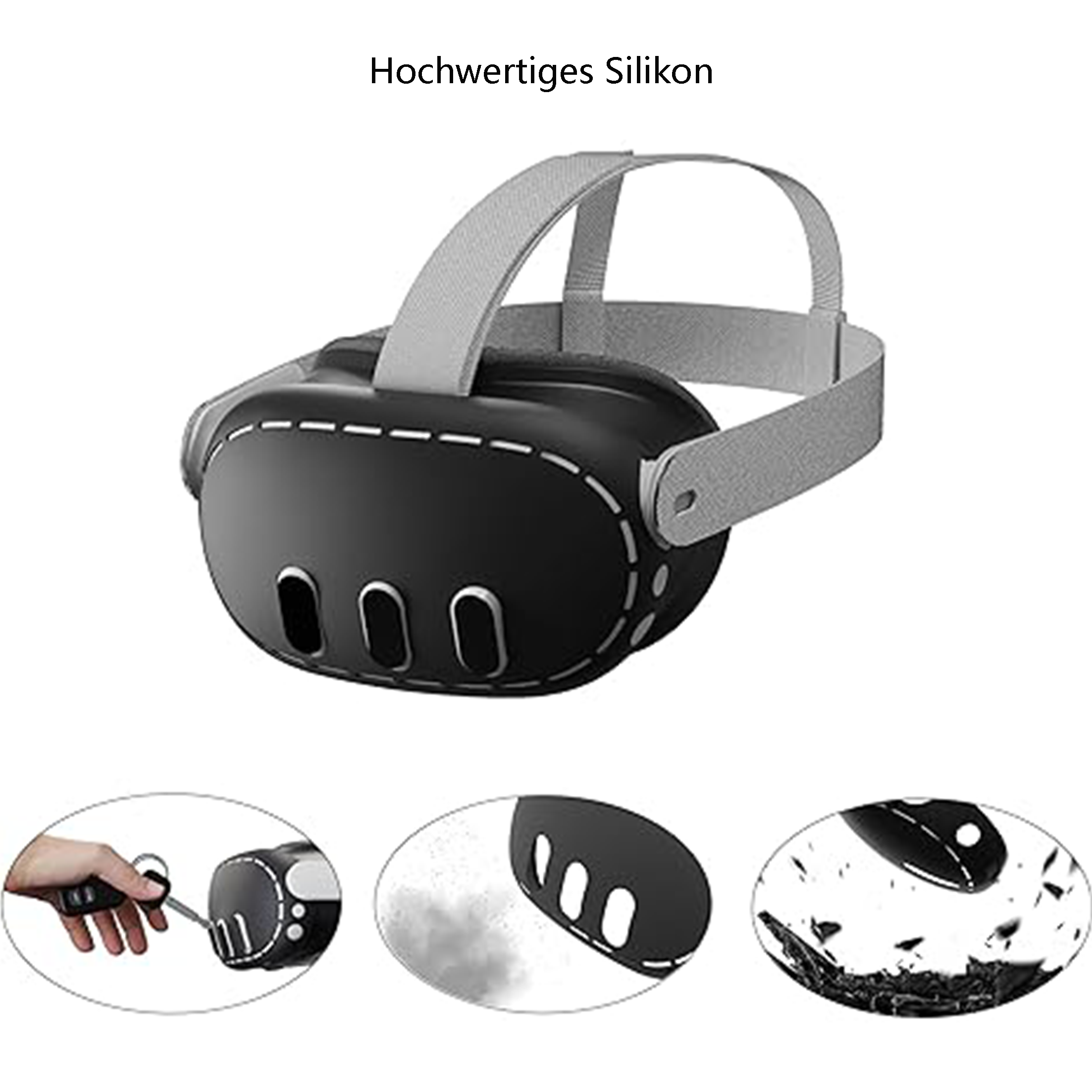 VR-Headset, schwarz mit grauem Riemen. Text: Hochwertiges Silikon. Nahaufnahmen von Belüftungen und Teilen.
